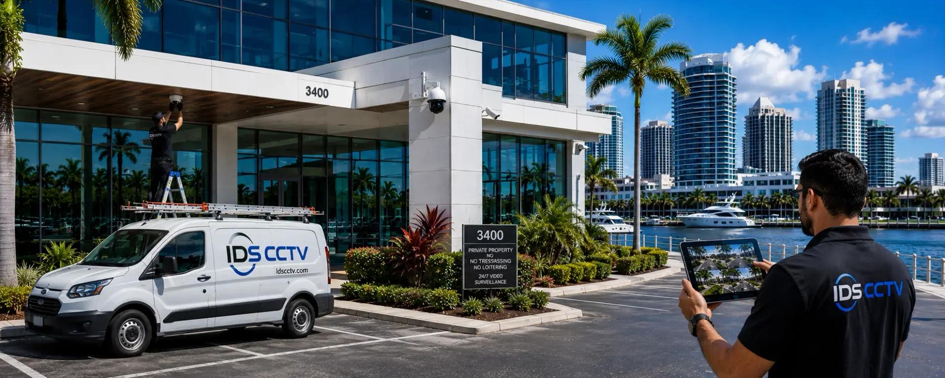 IDS CCTV installation team at waterfront commercial property in Florida