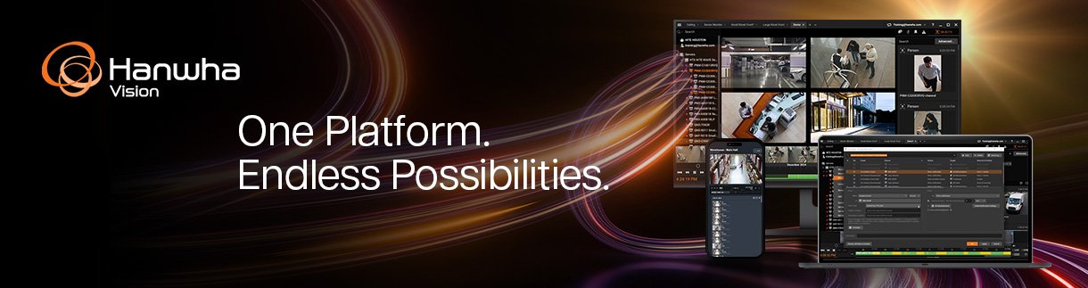 Hanwha Vision WAVE access platform shown across desktop and mobile interfaces