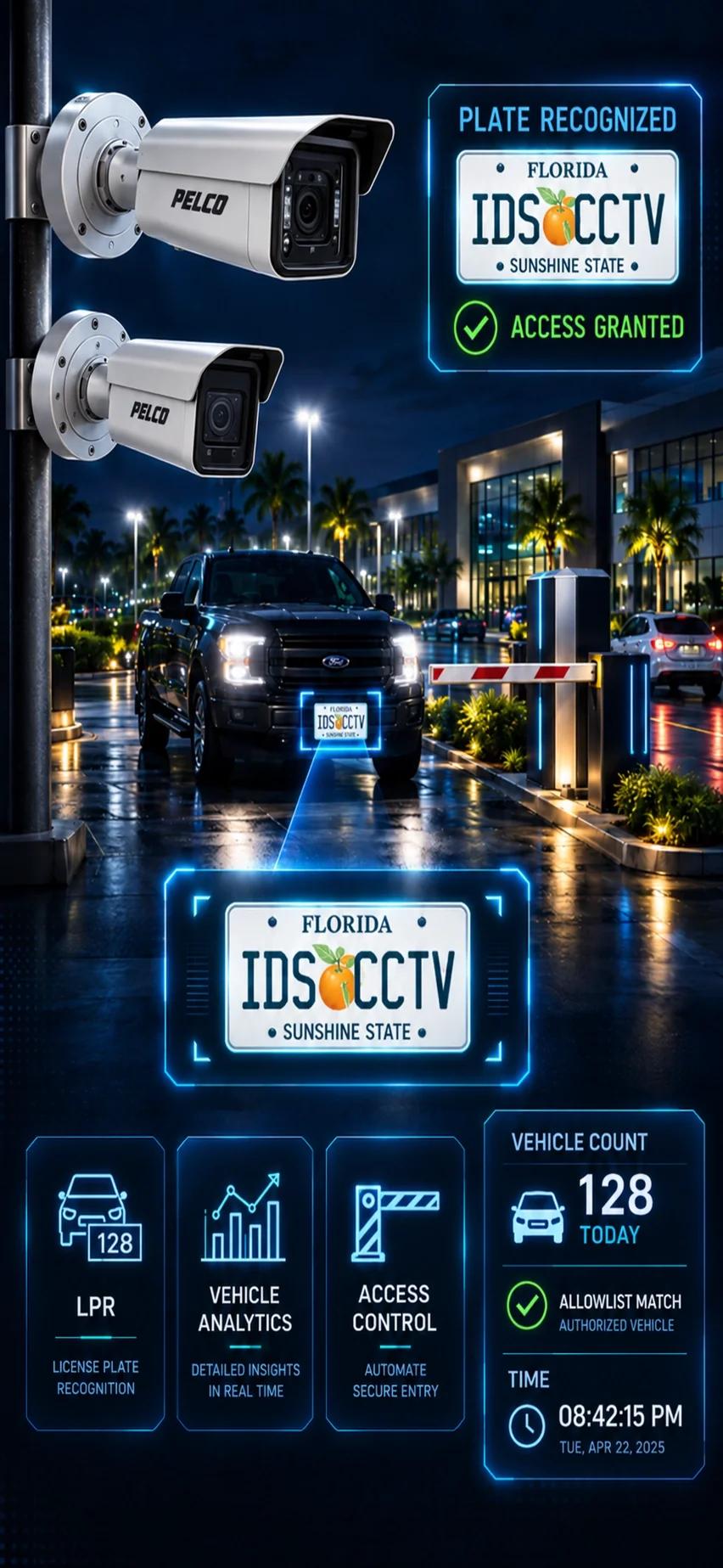License plate recognition cameras monitoring a Florida parking lot at night