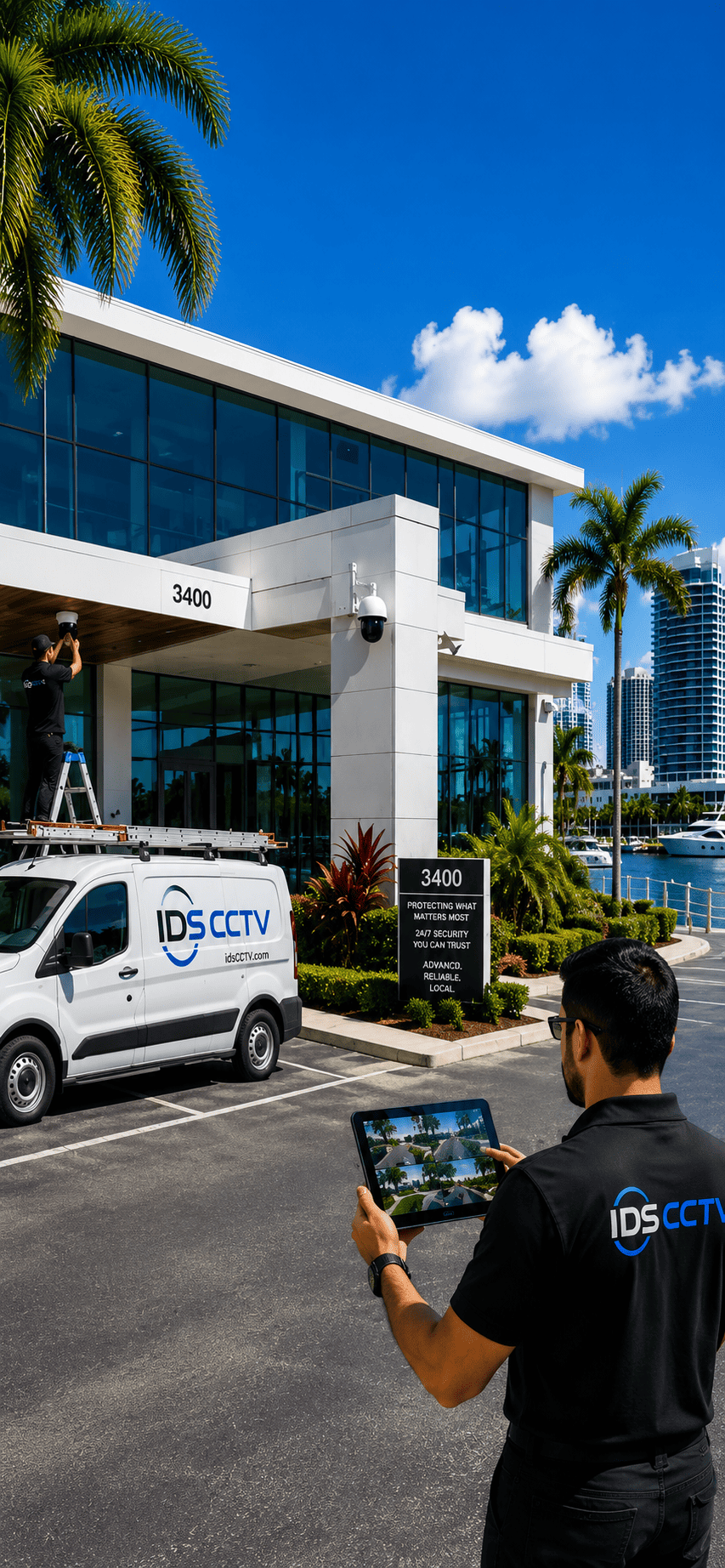 IDS CCTV installation team at waterfront commercial property in Florida