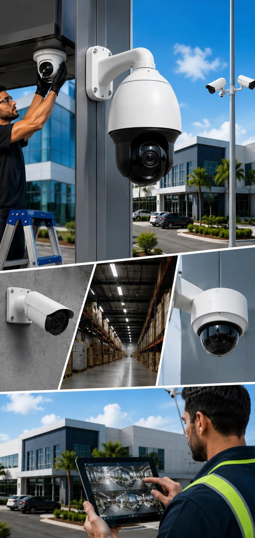 IDS CCTV camera installation collage — PTZ, bullet and dome cameras for Florida businesses