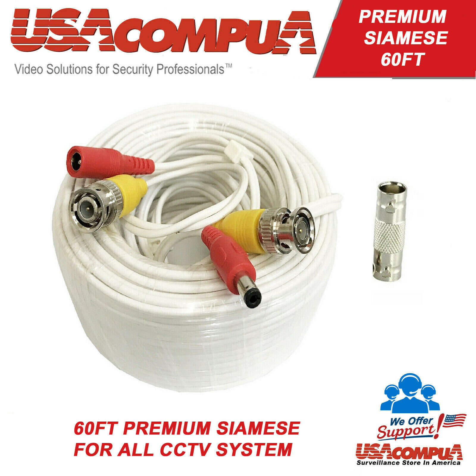 Thumbnail 2 for Extender Siamese 60FT CABLE WHITE PREMIUM CCTV Security Camera Video BNC Adapter