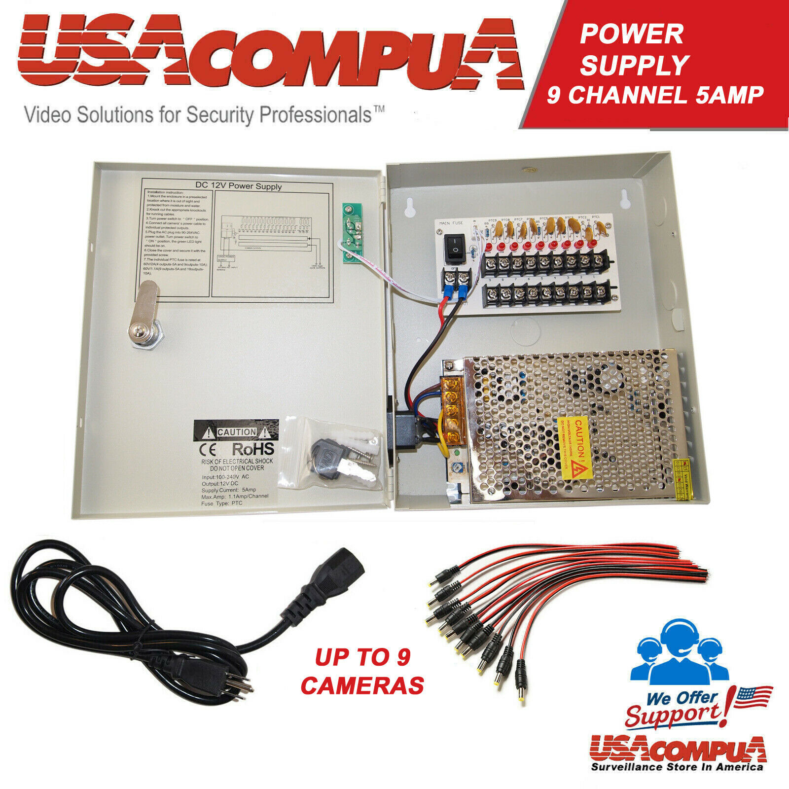 Thumbnail 2 for 9 CH Power Supply CCTV Camera Port 12V 5A DC+ Pigtail Auto Reset CP1209-5A