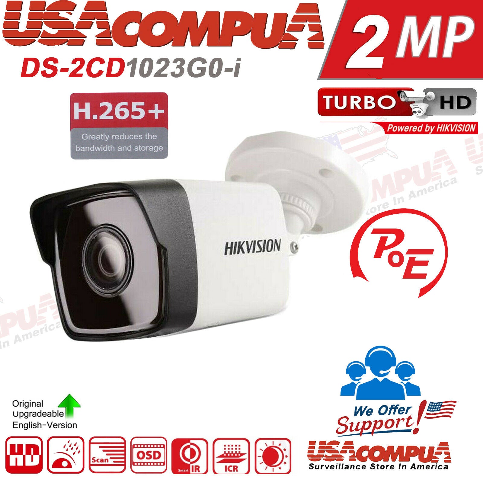 Thumbnail 2 for Hikvision DS-2CD1023G0-I 2MP Fixed Bullet Camera with EXIR IR & PoE