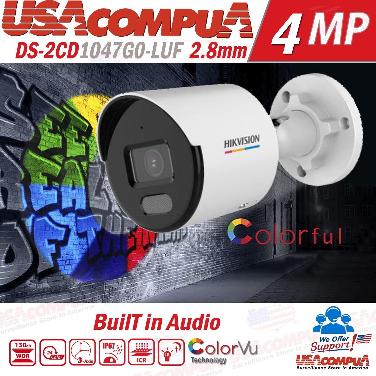 Thumbnail 2 for Hikvision DS-2CD1047G0-LUF 4MP ColorVu Security IP Camera Full Color POE W/Audio