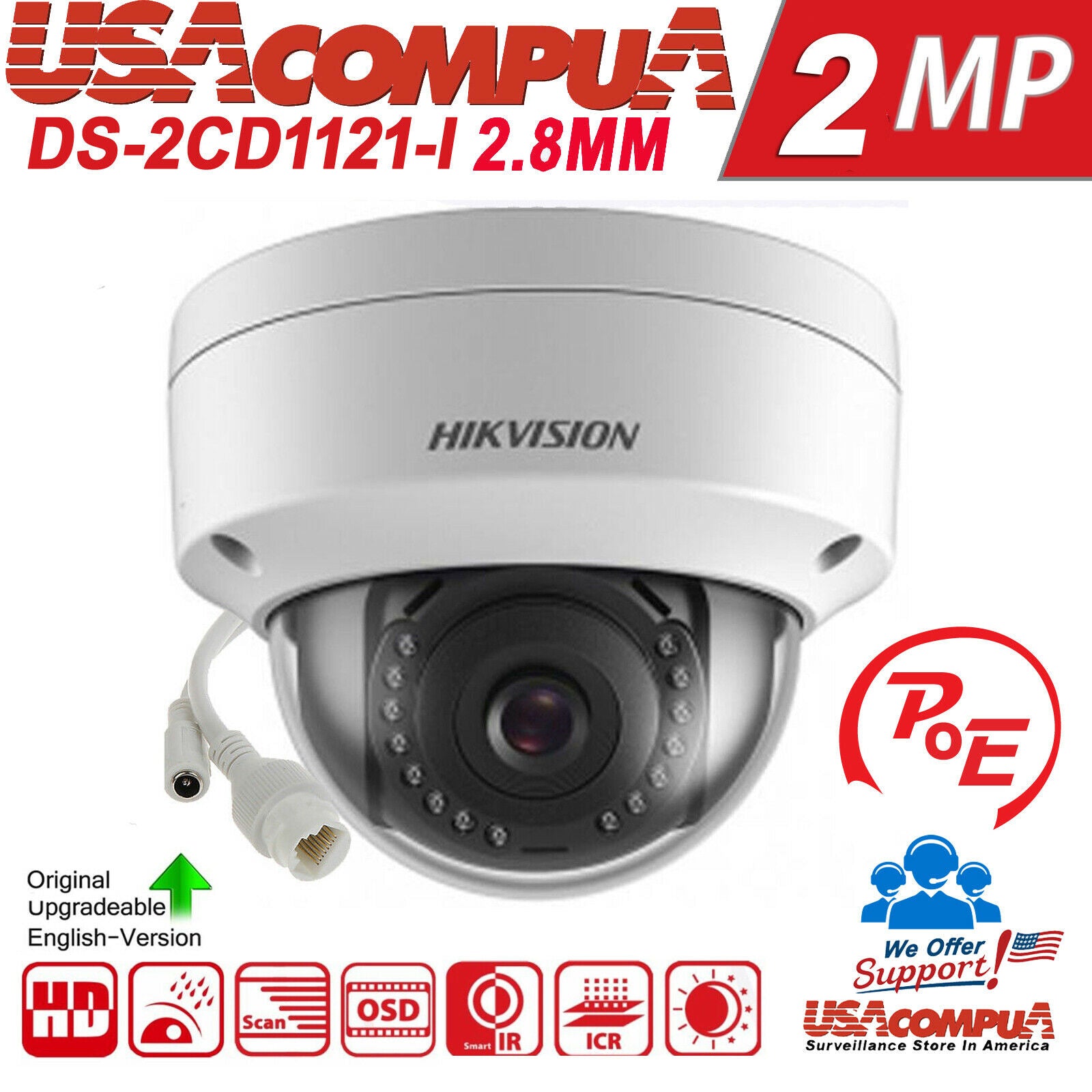 Thumbnail 2 for DS-2CD1123G0E-I Hikvision 2MP PoE Original IP Camera W/vandal Proof 102 Degree