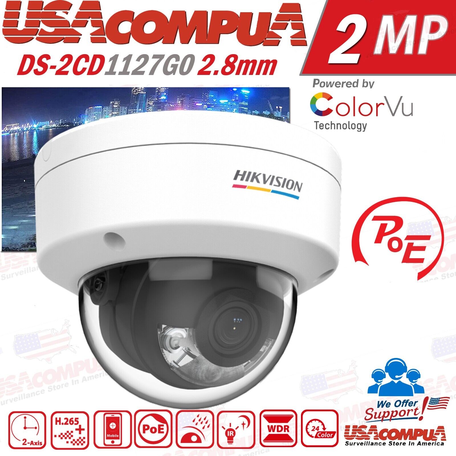 Thumbnail 2 for Hikvision ColorVu 2MP POE DS-2CD1127G0 IP Camera 1080P Network 2.8mm