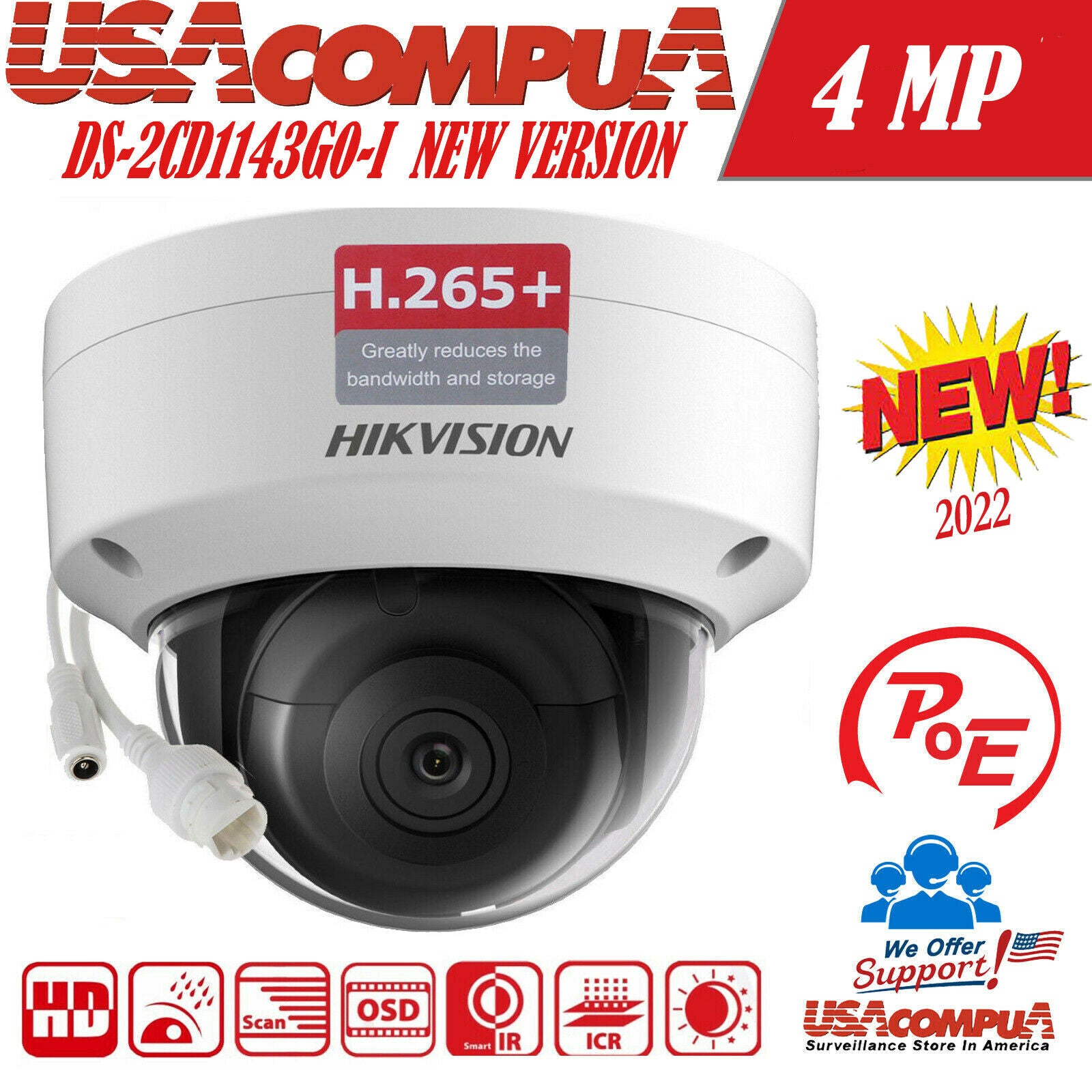 Thumbnail 2 for Hikvision DS-2CD1143G0-I 4MP IP Dome Camera PoE IK10 IP67 IR WDR H.265+