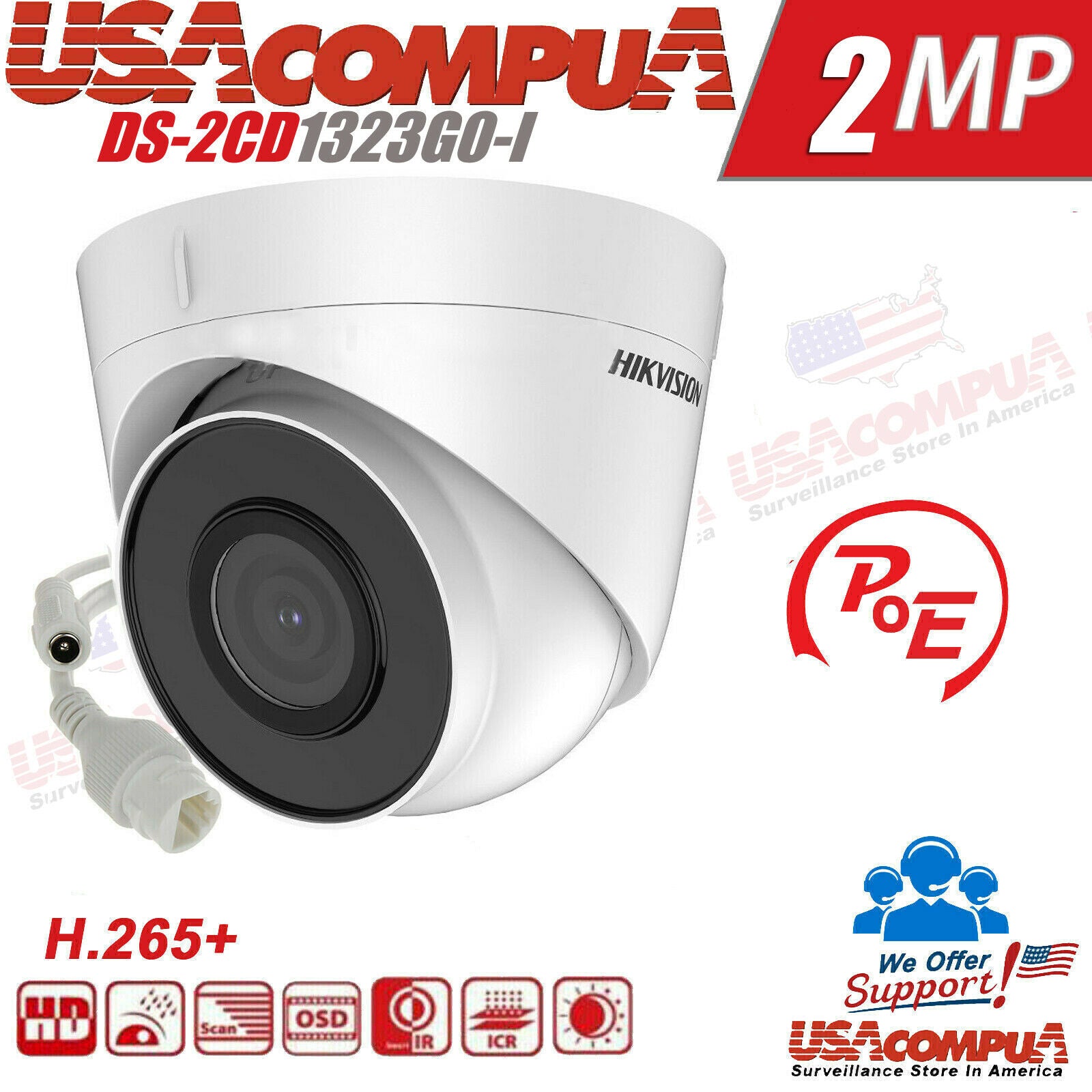 Thumbnail 2 for DS-2CD1323G0-I 2.8MM HIKVISION 2MP POE Camera IP fix lent Turret Waterproof H265