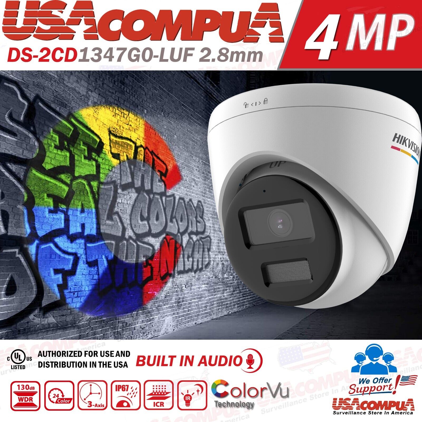 Thumbnail 2 for Hikvision 4MP PoE Original DS-2CD1347G0-LUF IP Camera ColorVu
