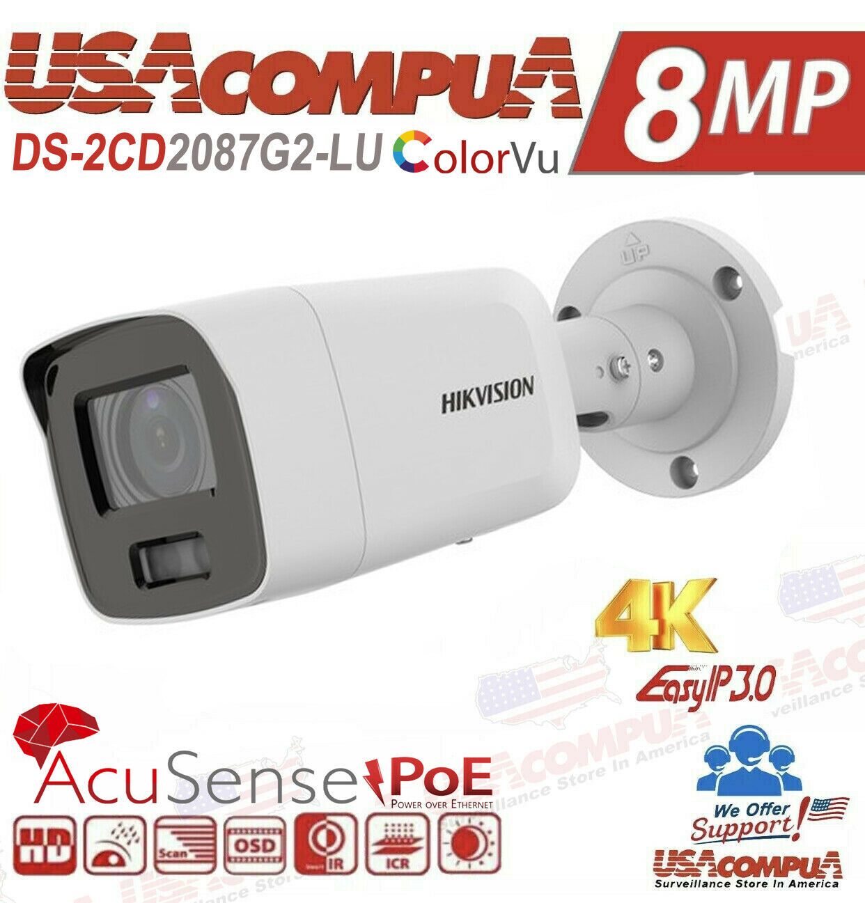 Thumbnail 5 for DS-2CD2087G2-LU Hikvision 8MP 4K Camera ColorVu 24/7 Color AcuSense PoE Audio