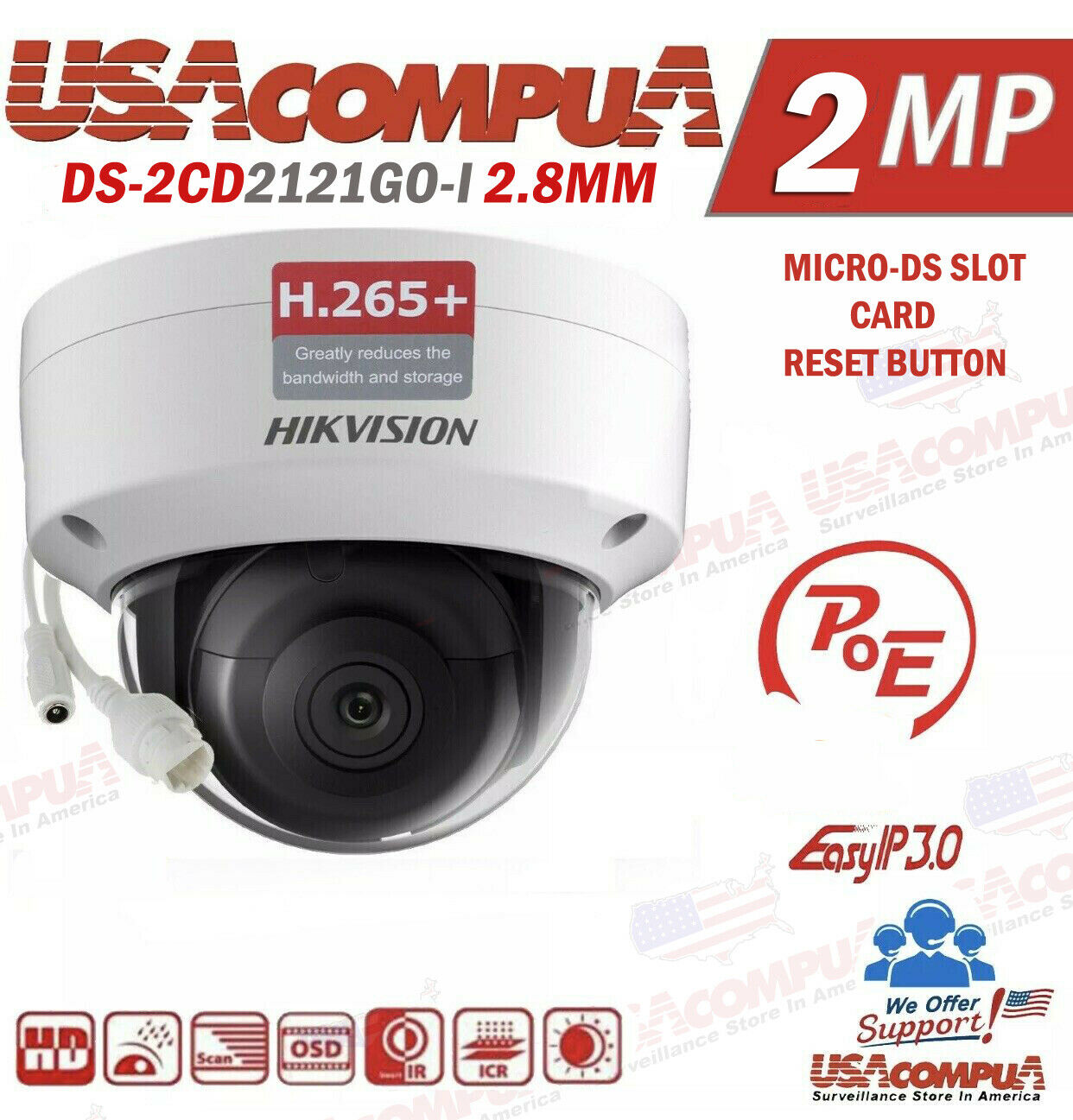Thumbnail 2 for DS-2CD2121G0-I Hikvision 2MP POE IP Camera 1080P H.265+ IR30m IP67 2.8mm WDR