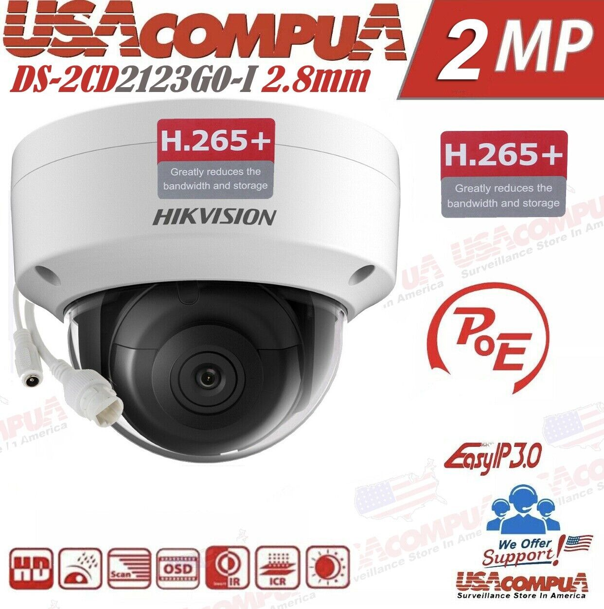 Thumbnail 2 for Hikvision 2MP PoE IP Camera DS-2CD2123G0-I 4mm Weaterproof Dome IP67 IR 30m