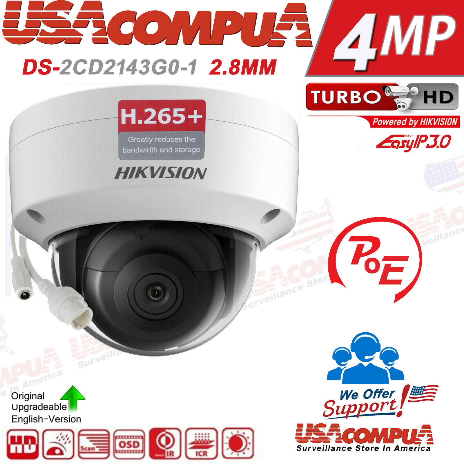 Thumbnail 2 for Hikvision 4MP PoE IP DS-2CD2143G0-I Dome Camera H.265+ IR40M 2.8mm 3AXIS