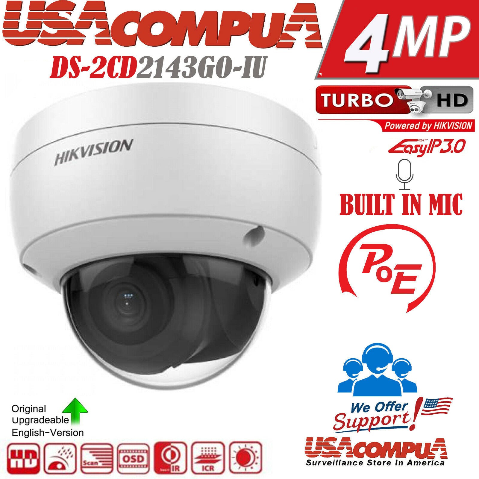 Thumbnail 2 for DS-2CD2143G0-IU Hikvision 4MP POE W/ audio H,265 ENGLISH (2.8mm) Built-In-Mic