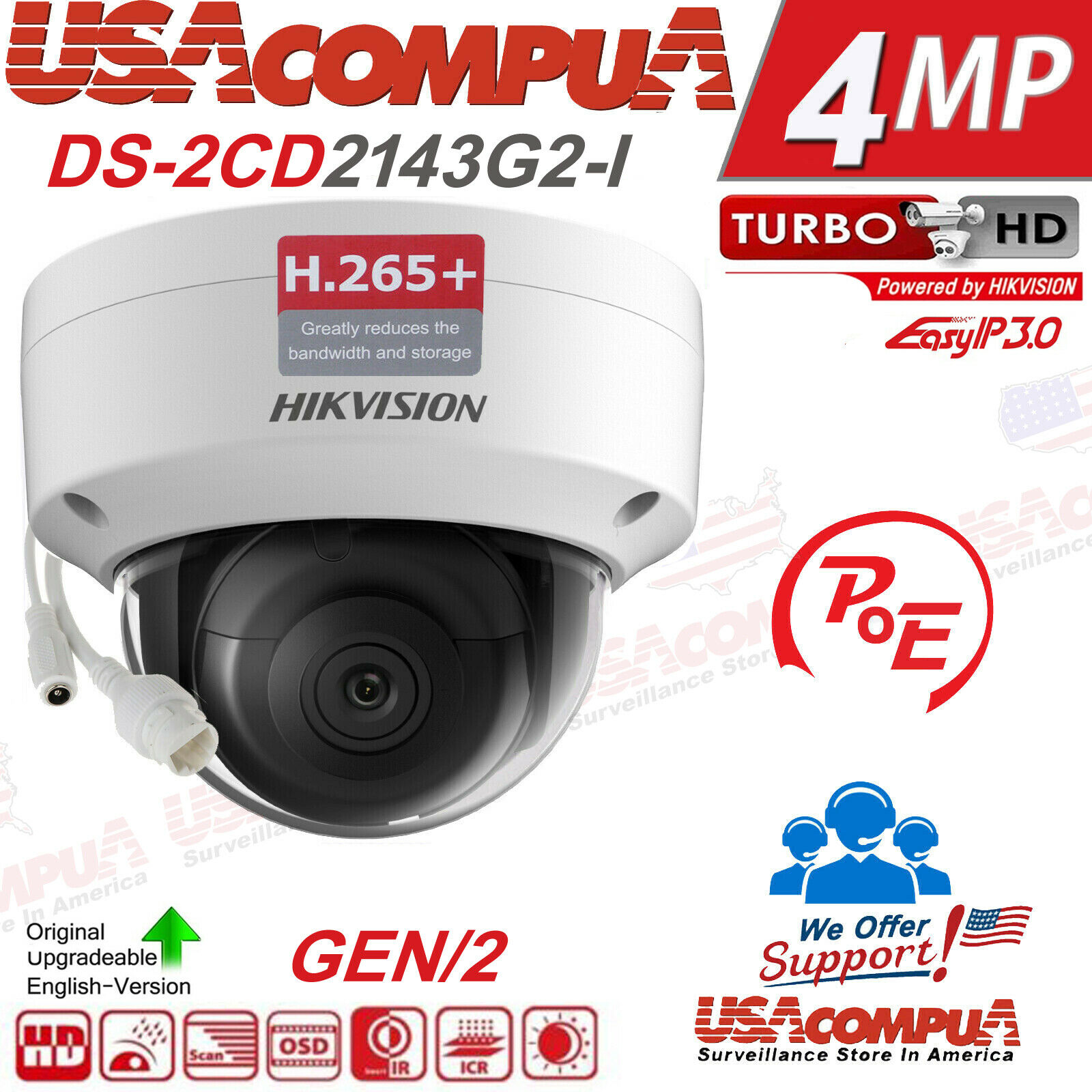 Thumbnail 2 for Hikvision DS-2CD2143G2-I 4MP AcuSense Dome Camera with Smart Detection, IR & PoE
