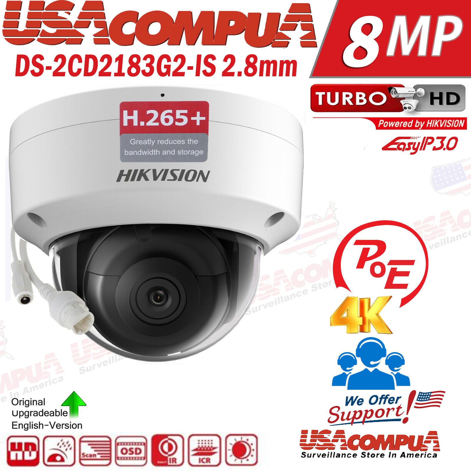 Thumbnail 2 for Hikvision DS-2CD2183G2-IS 4K 8MP IP PoE Camera AcuSense Dome Optional Audio