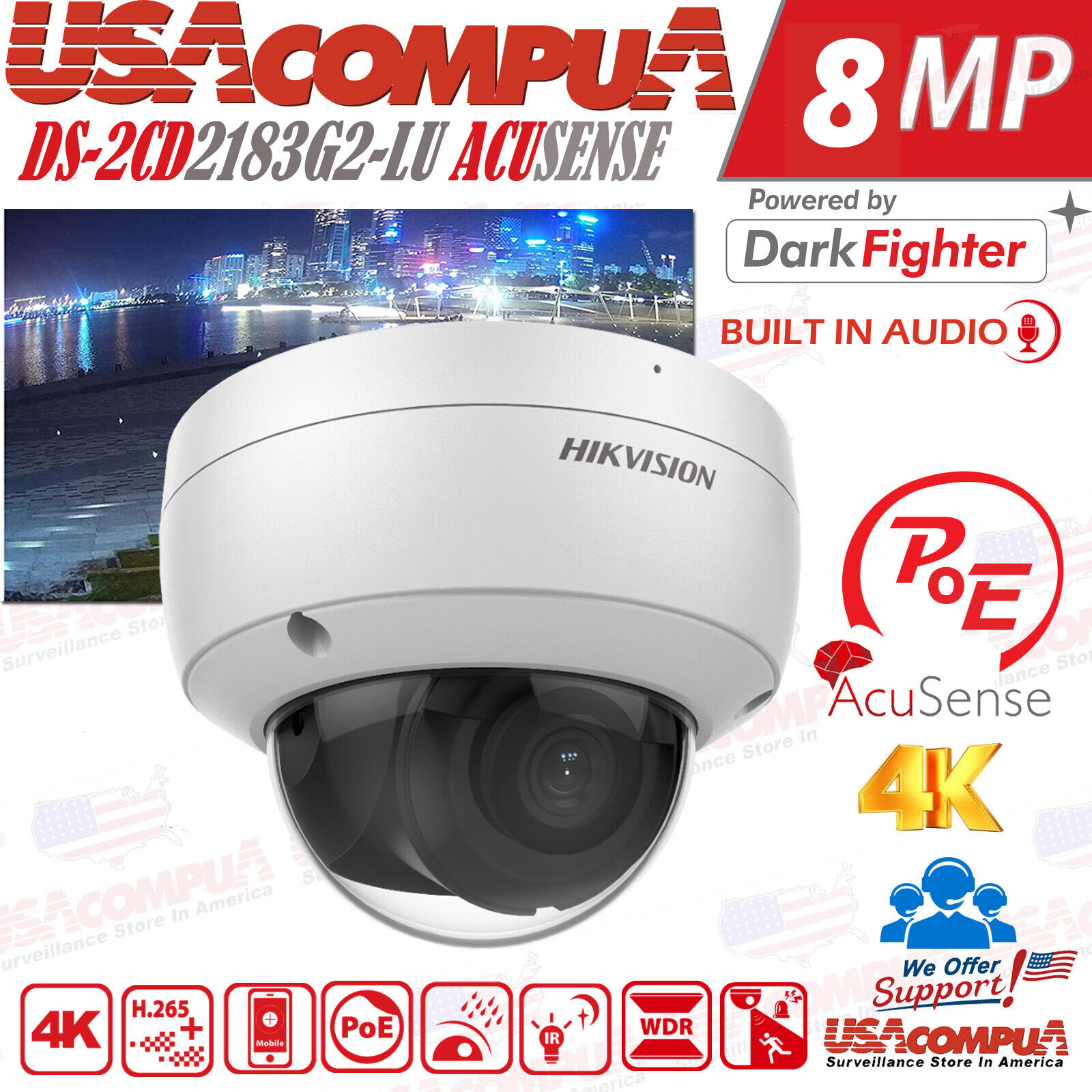 Thumbnail 6 for Hik Original  DS-2CD2183G2-IU 8MP AcuSense Dome IP Camera PoE Mic 2.8mm h265+