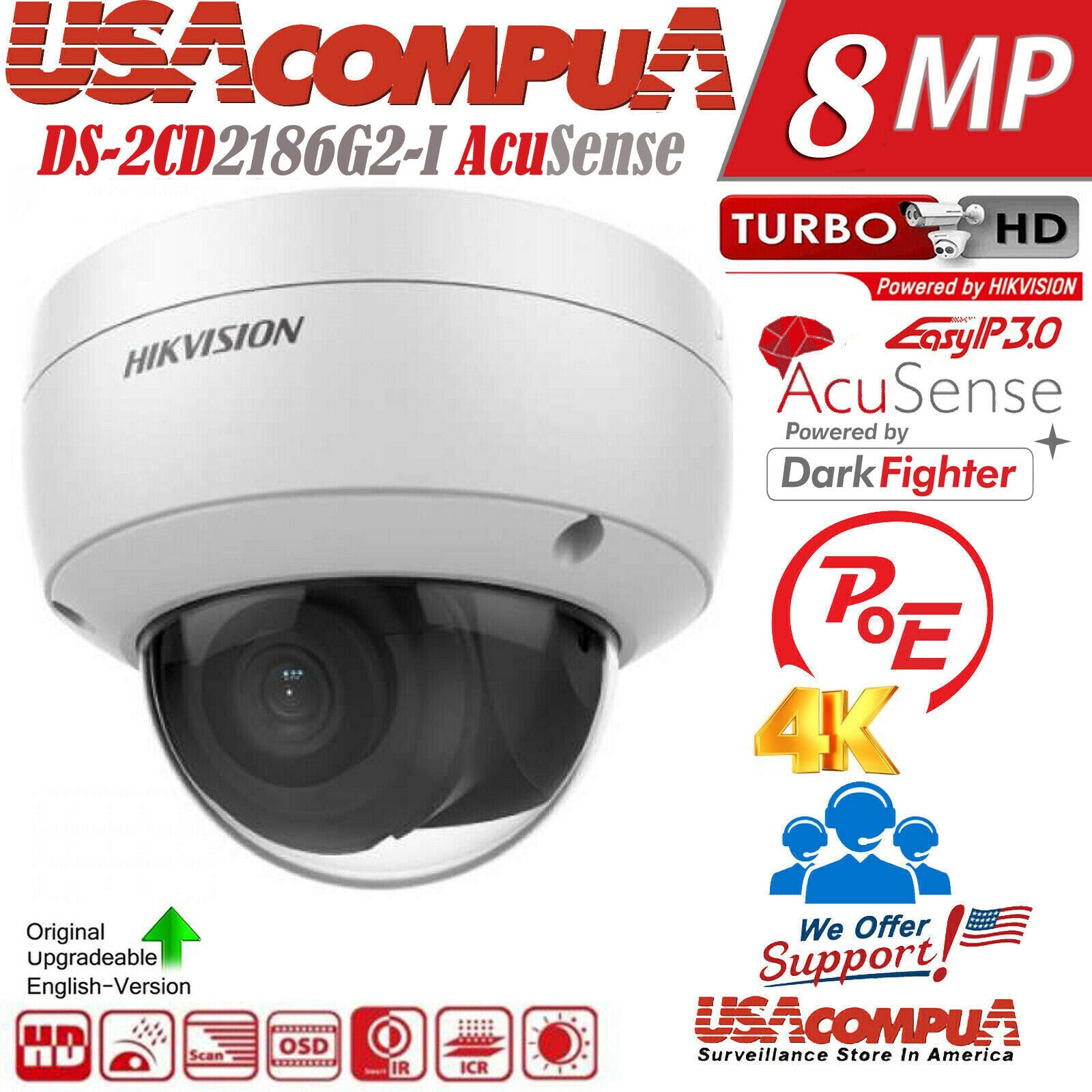 Thumbnail 2 for Hikvision DS-2CD2186G2-I 8MP 4K PoE IP Camera 8 Megapixel AcuSense Darkfihter