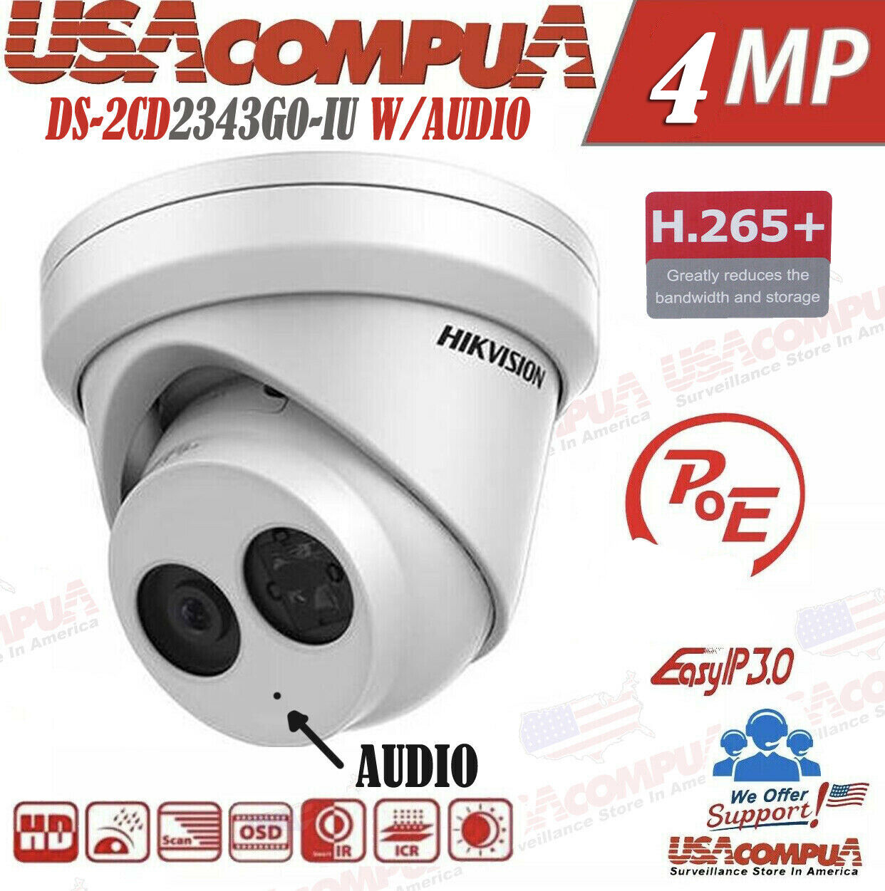 Thumbnail 2 for Hikvision 4MP POE Build-in Mic DS-2CD2343G0-IU Audio Turret Network IP Camera