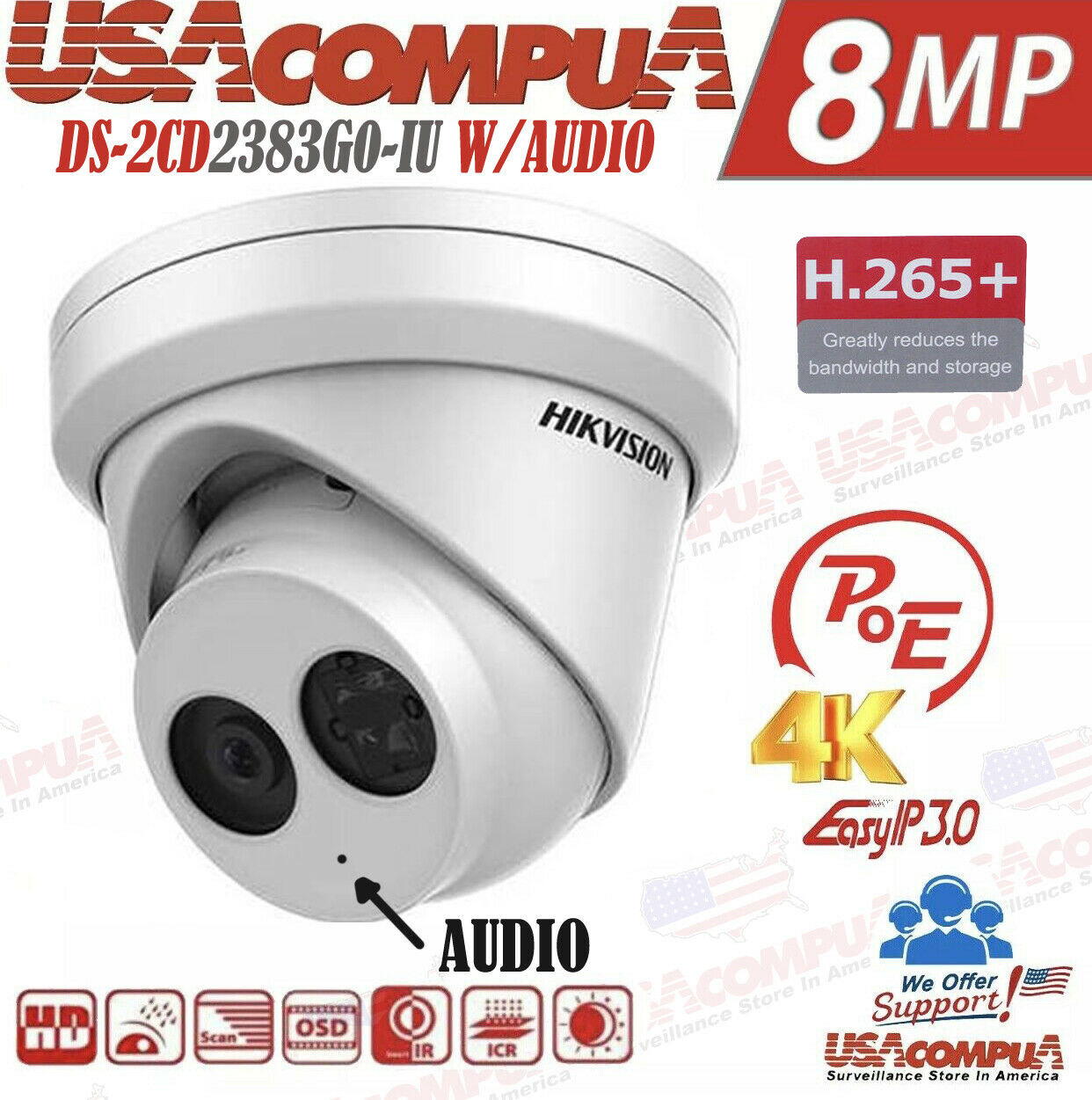 Thumbnail 2 for Hikvision 8MP POE DS-2CD2383G0-IU 4K Outdoor Turret IP Camera Build-in Mic 2.8MM