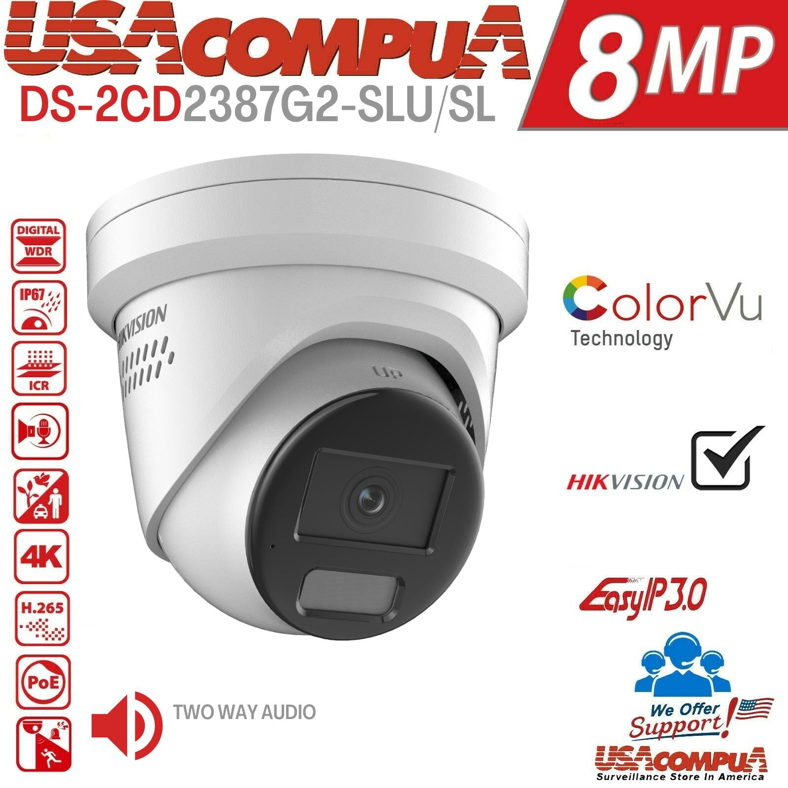 Thumbnail 2 for HIKVISION DS-2CD2387G2-LSU/SL 8MP ColorVu + AcuSense Two Way Audio Poe Camera