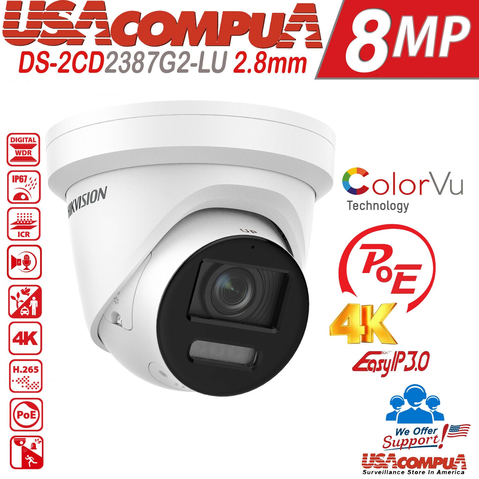Thumbnail 2 for DS-2CD2387G2-LU Hikvision 8MP PoE 4K ColorVu AcuSense IP camera MIC HD