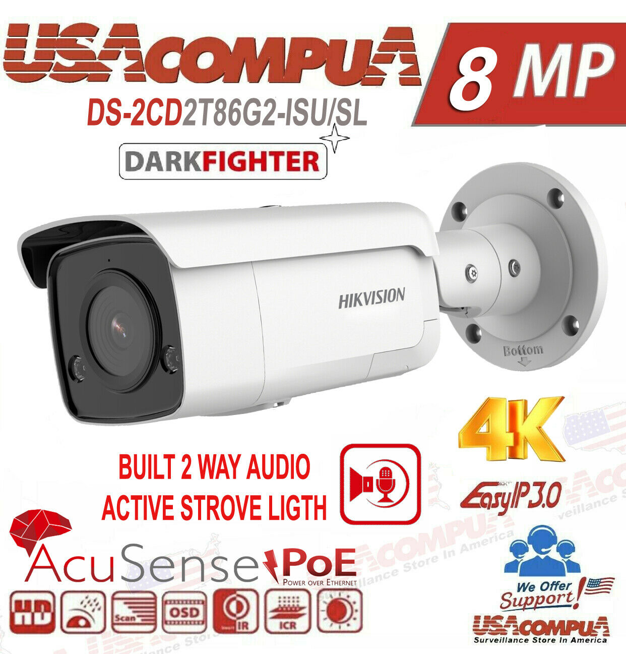 Thumbnail 2 for Hikvision 4K 8MP AcuSense+DarkFighter DS-2CD2T86G2-ISU/SL IP Camera Mic+Speaker