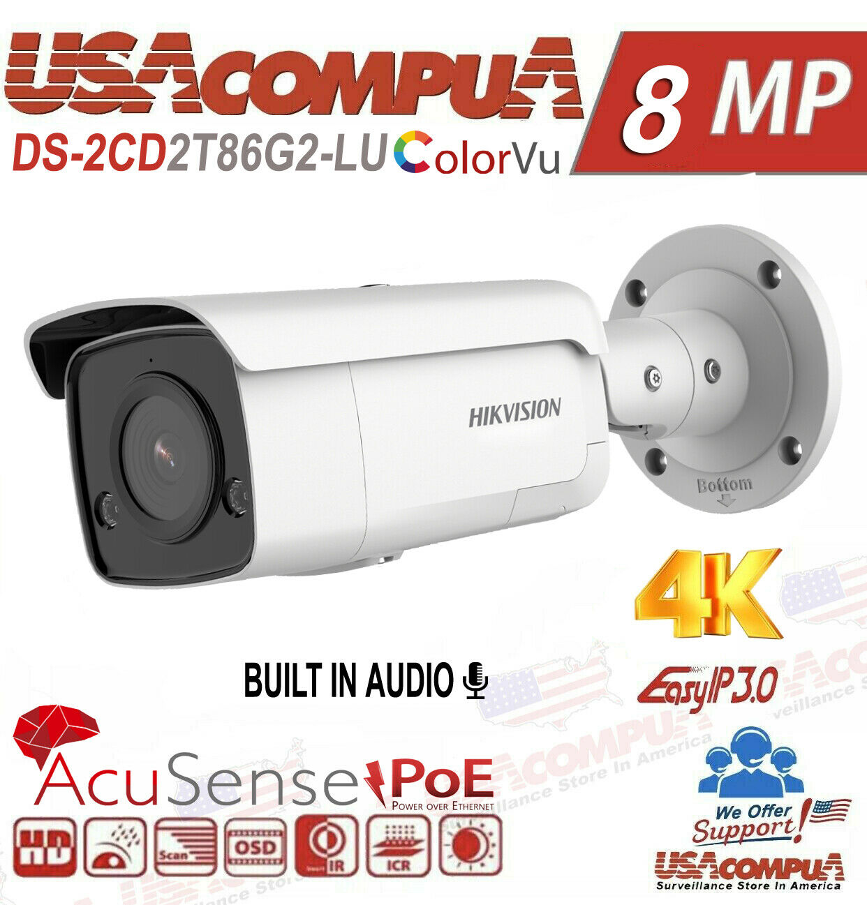Thumbnail 2 for Hikvision 4K 8MP AcuSense+DarkFighter DS-2CD2T86G2-LU IP Camera Mic+Speaker