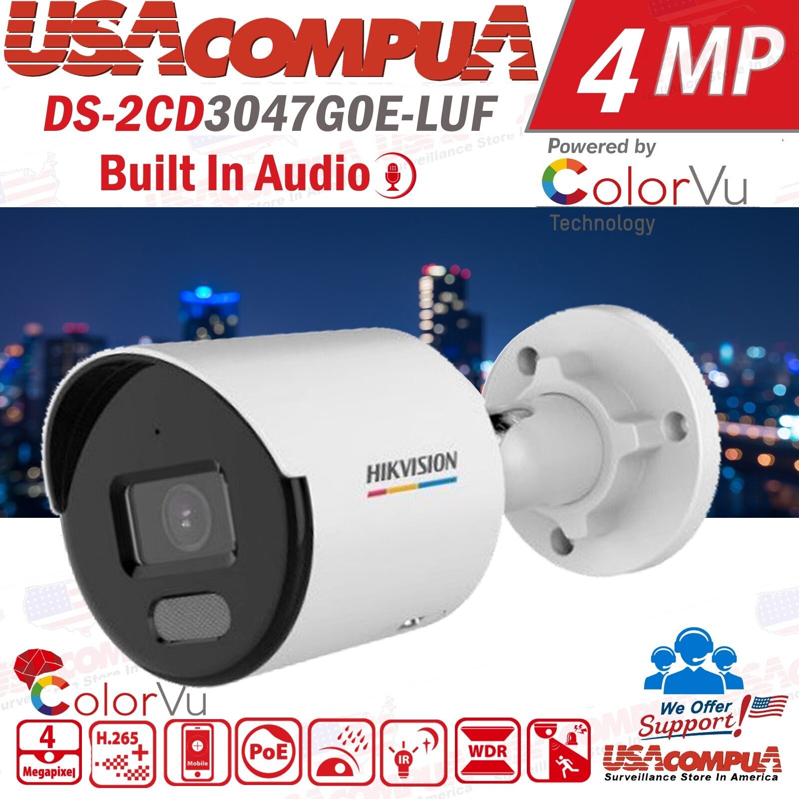 Thumbnail 2 for Hikvision 4MP DS-2CD3047GOE-LUF IP PoE Camera w/ Audio ColorVu Ultra Series