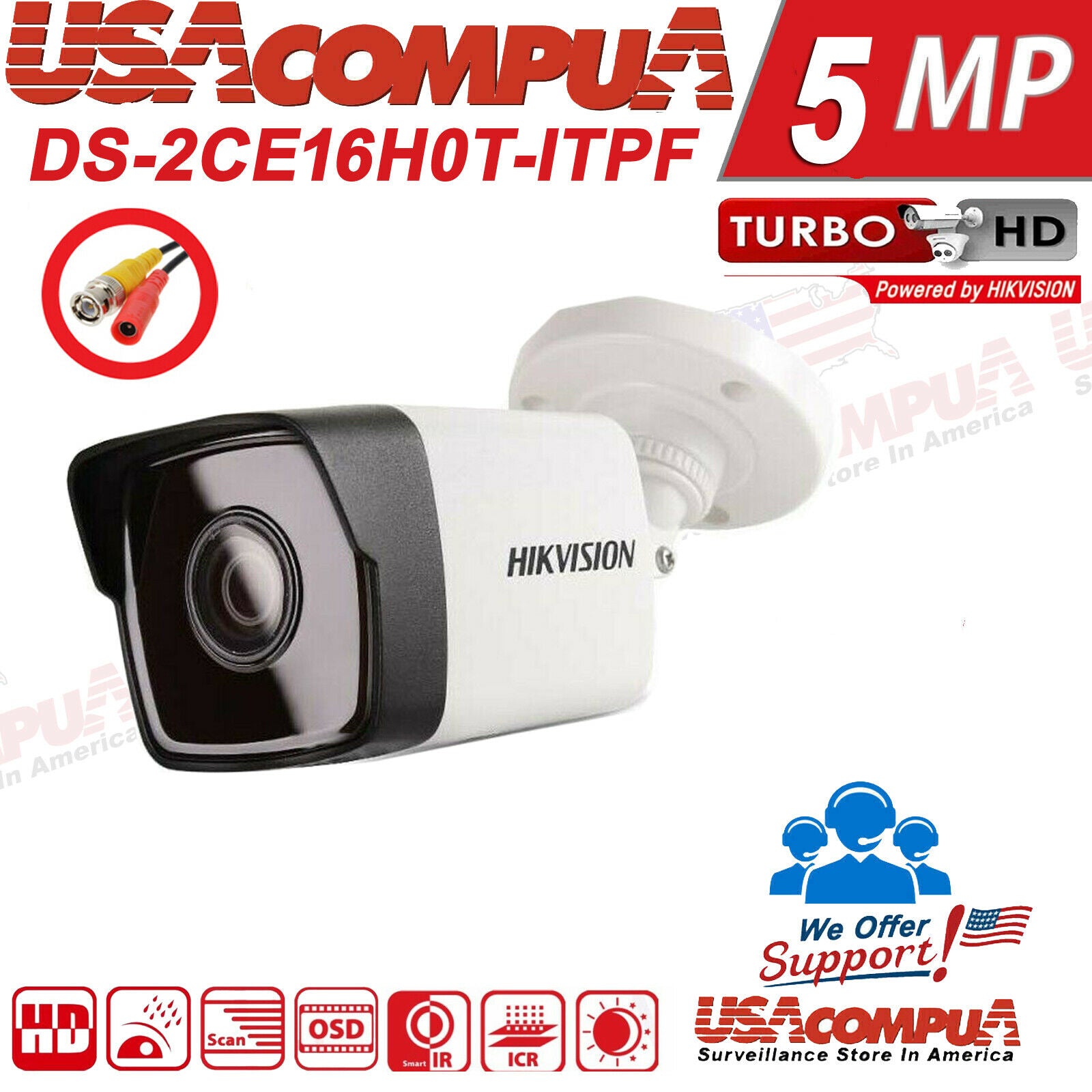 Thumbnail 2 for Hikvision 5MP MEGAPIXEL MINI Bullet DS-2CE16H0T-ITPF TVI/AHD/CVI/CVI Camera IP67