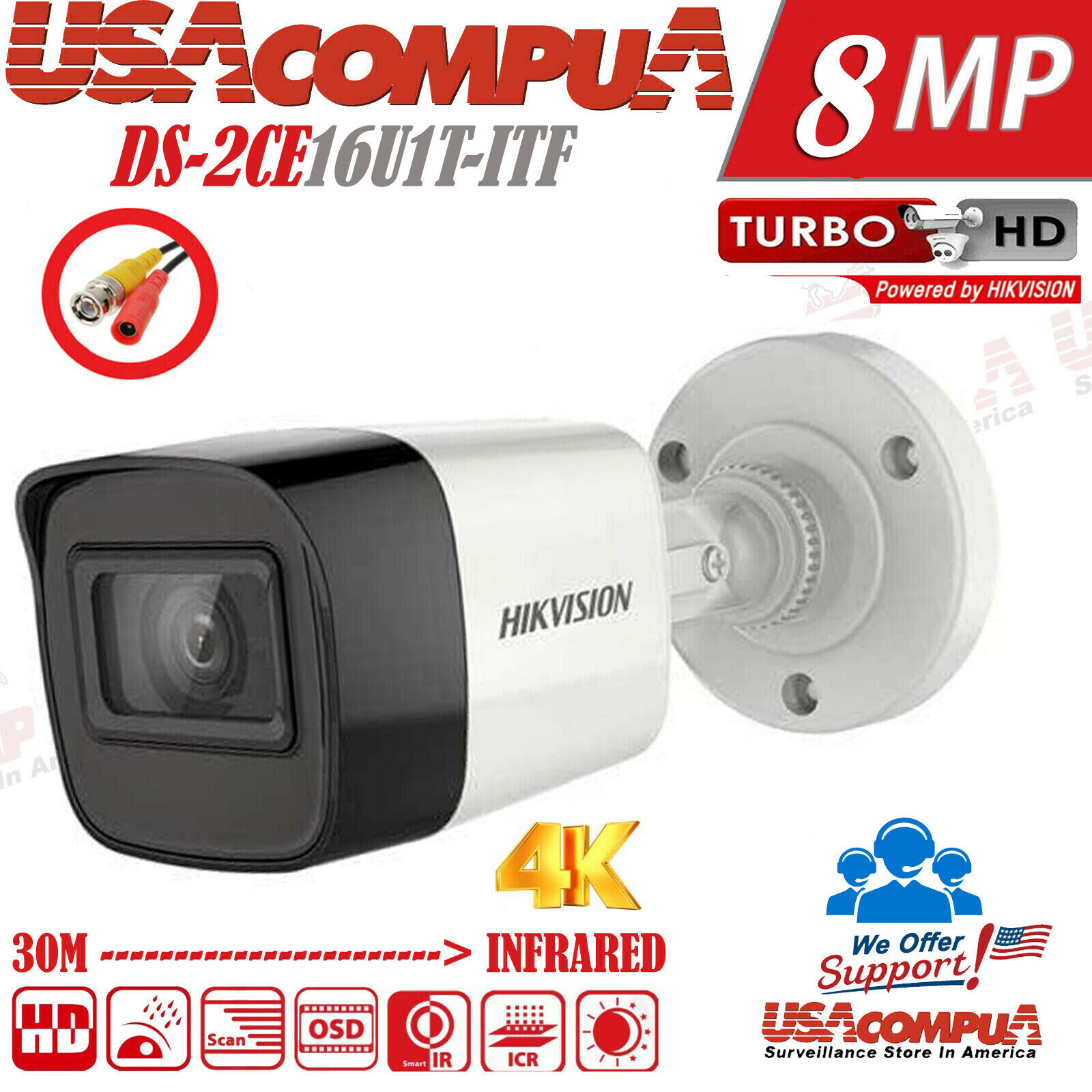 Thumbnail 2 for Hikvision 8MP 4K Camera TVI 8 Megapixel Bullet 2.8mm IR 30M IP67 DS-2CE16U1T-ITF