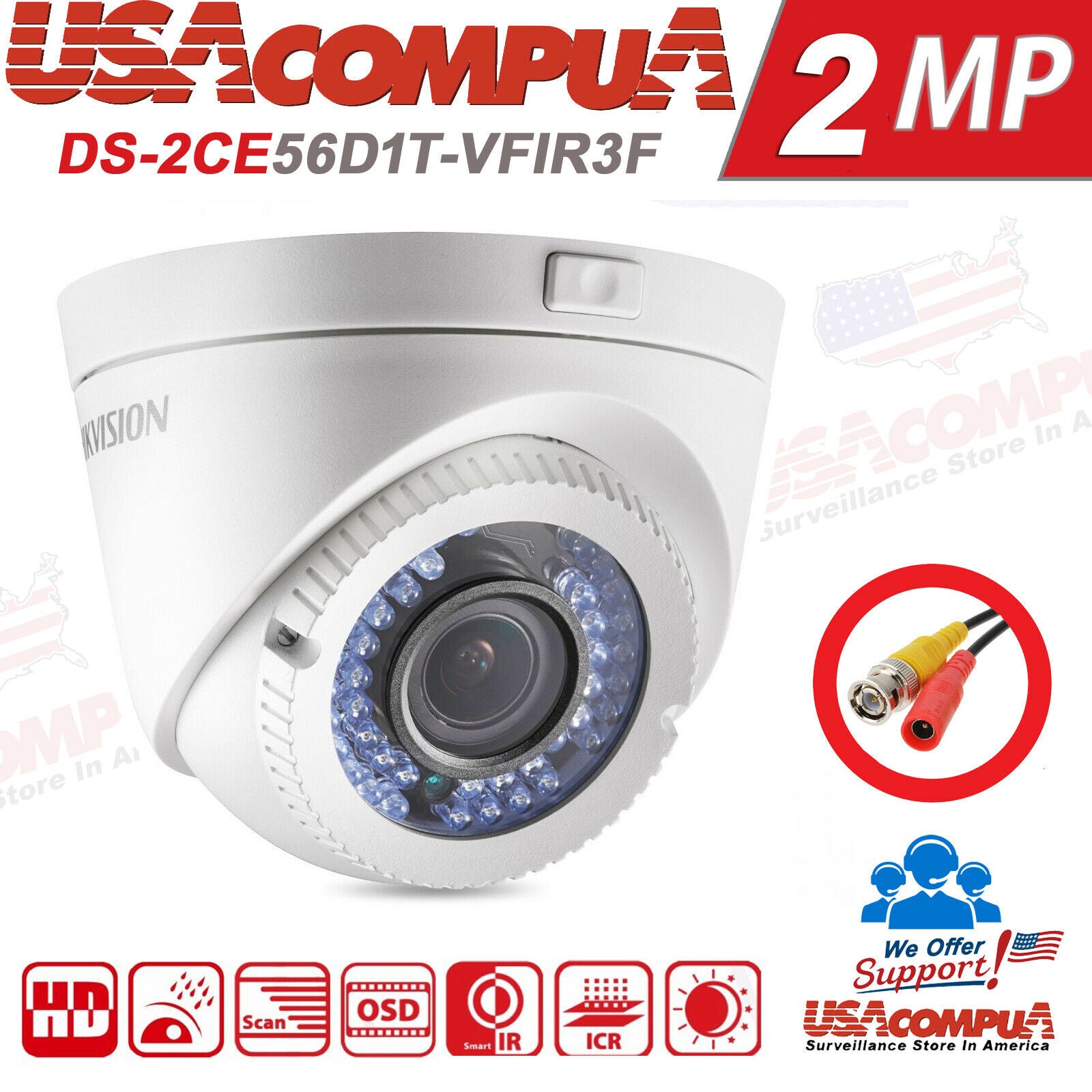 Thumbnail 2 for DS-2CE56D0T-VFIR3F Hikvision 2MP Varifocal DNR Dome Camera 2.8-12mm Original
