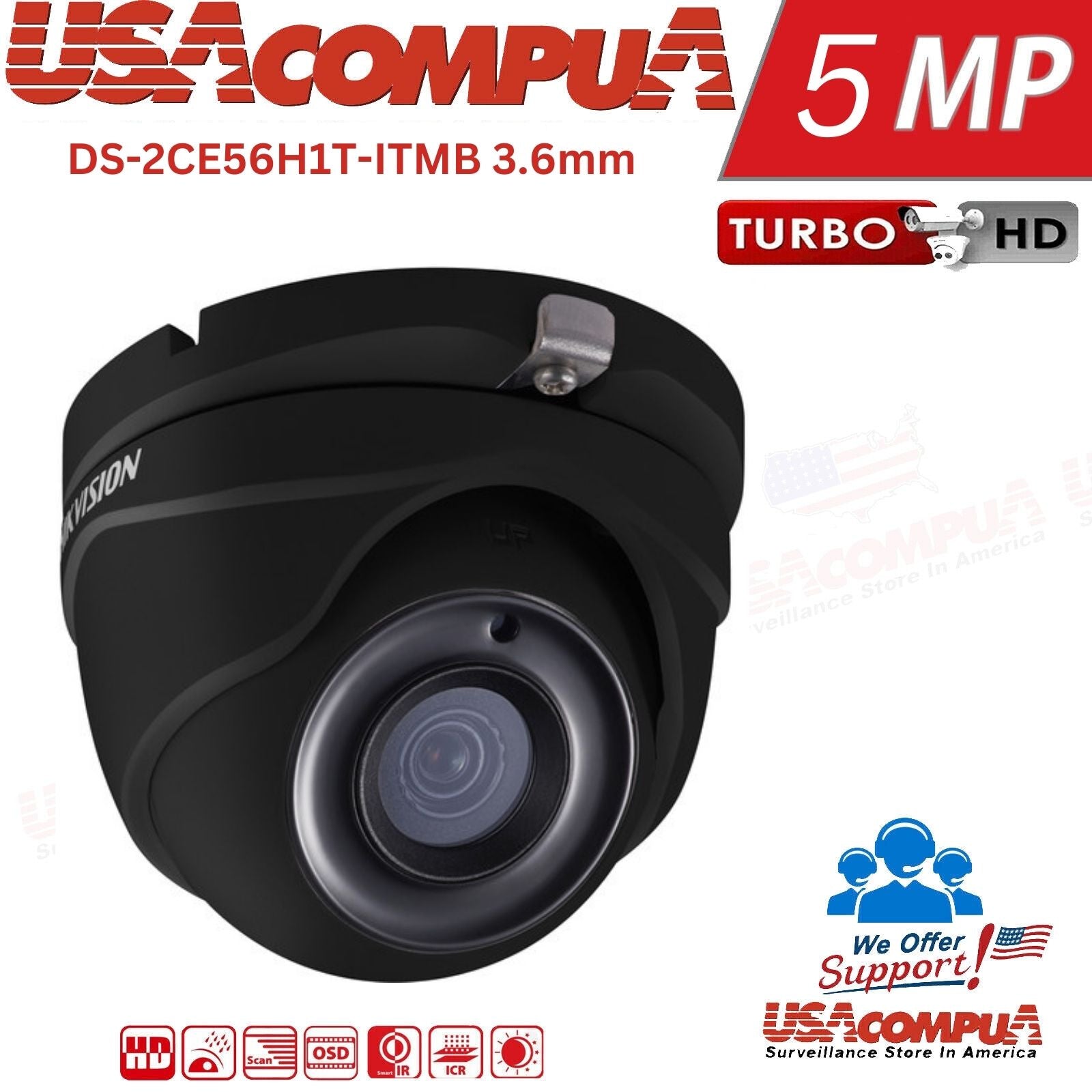 Thumbnail 2 for Hikvision 5MP Mini Dome Turret Camera DS-2CE56H1T-ITMB 3.6mm Hd-tvi Outdoor