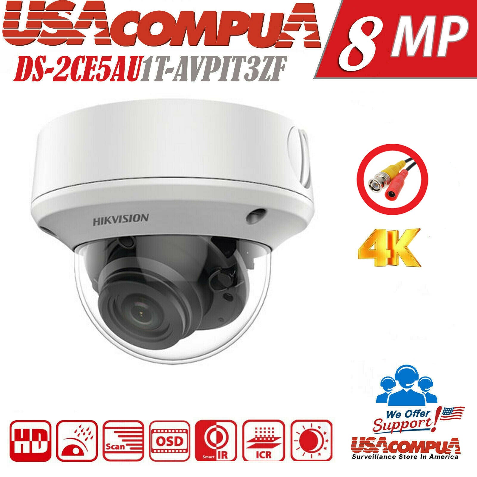 Thumbnail 2 for HIKVISION 8MP 4K HD-TVI DS-2CE5AU1T-VPIT3ZF WDR HD Outdoor Motorized Dome