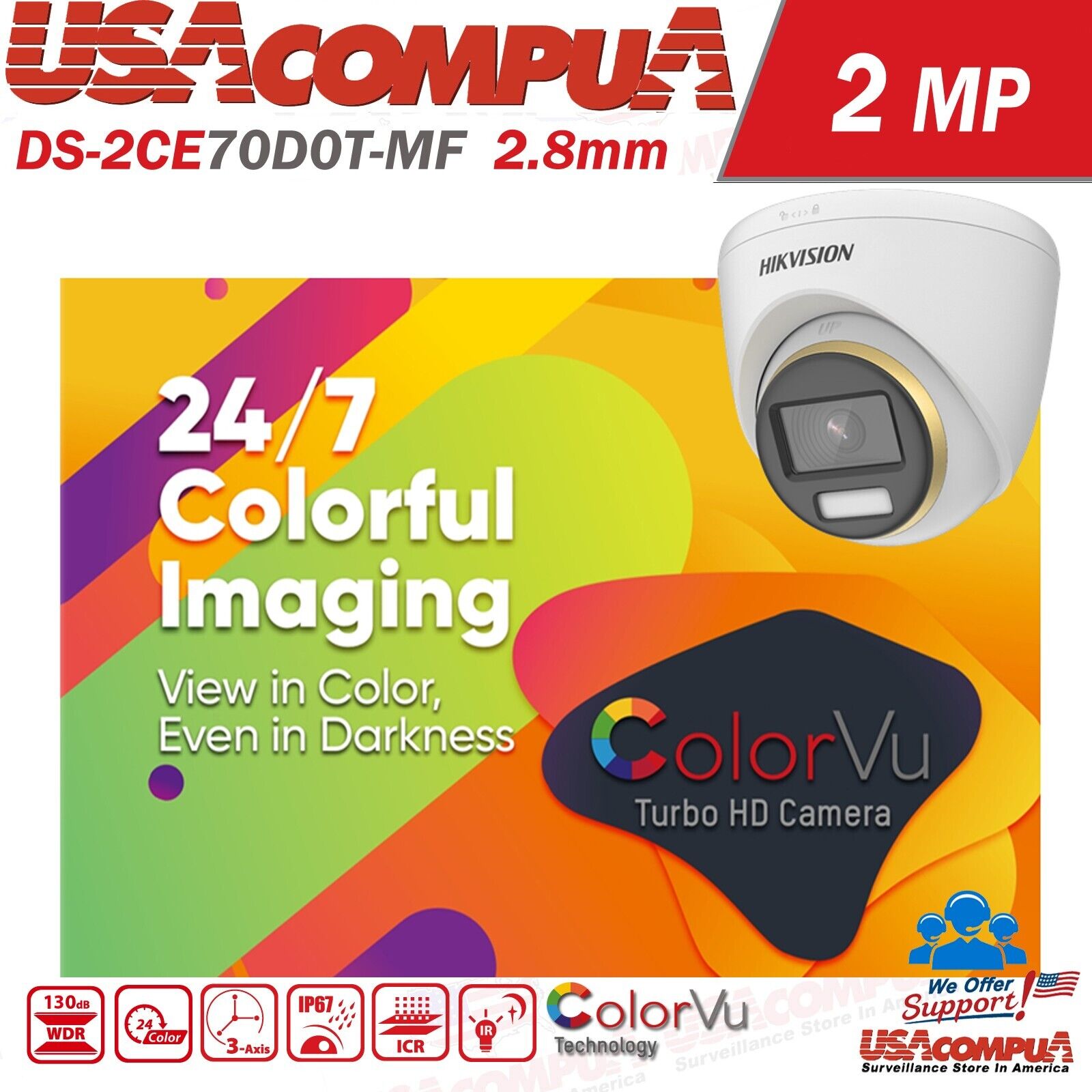 Thumbnail 2 for Hikvision DS-2CE70DF0T-MF 2 MP ColorVu Fixed Turret Camera