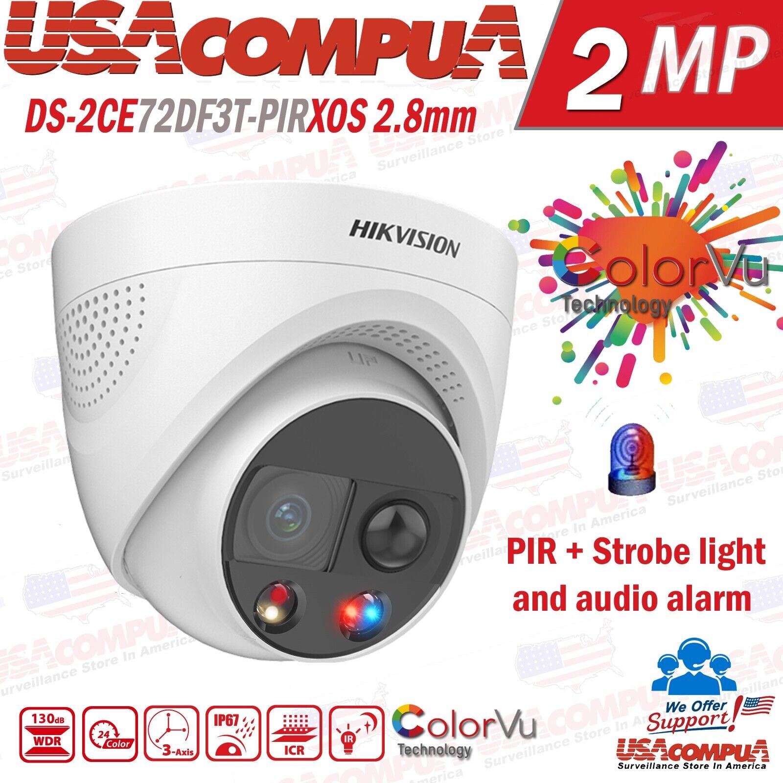 Thumbnail 2 for Hikvision ColorVu Turret 2 MP Camera DS-2CE72DF3T-PIRXOS 2.8mm , IR 20m
