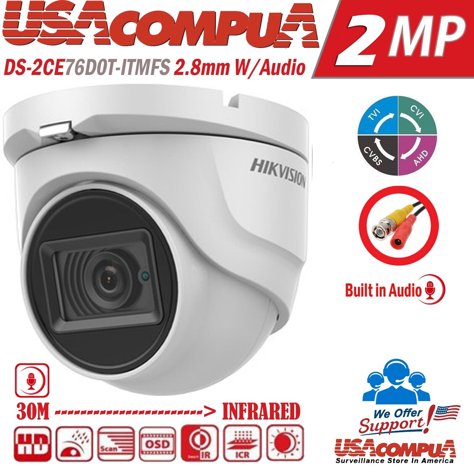 Thumbnail 2 for DS-2CE76D0T-ITMFS Hikvision 2MP Camera W/Audio HD TurboHD 2.8mm 1080P IR 25M