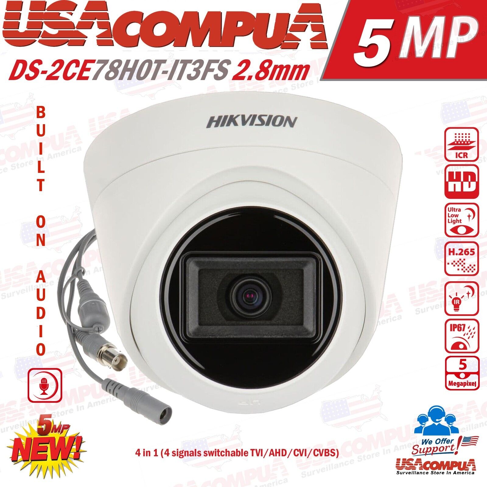 Thumbnail 2 for DS-2CE78H0T-IT3FS Hikvision 5MP TurboHD Analog W/Audio IR Dome Camera 2.8mm