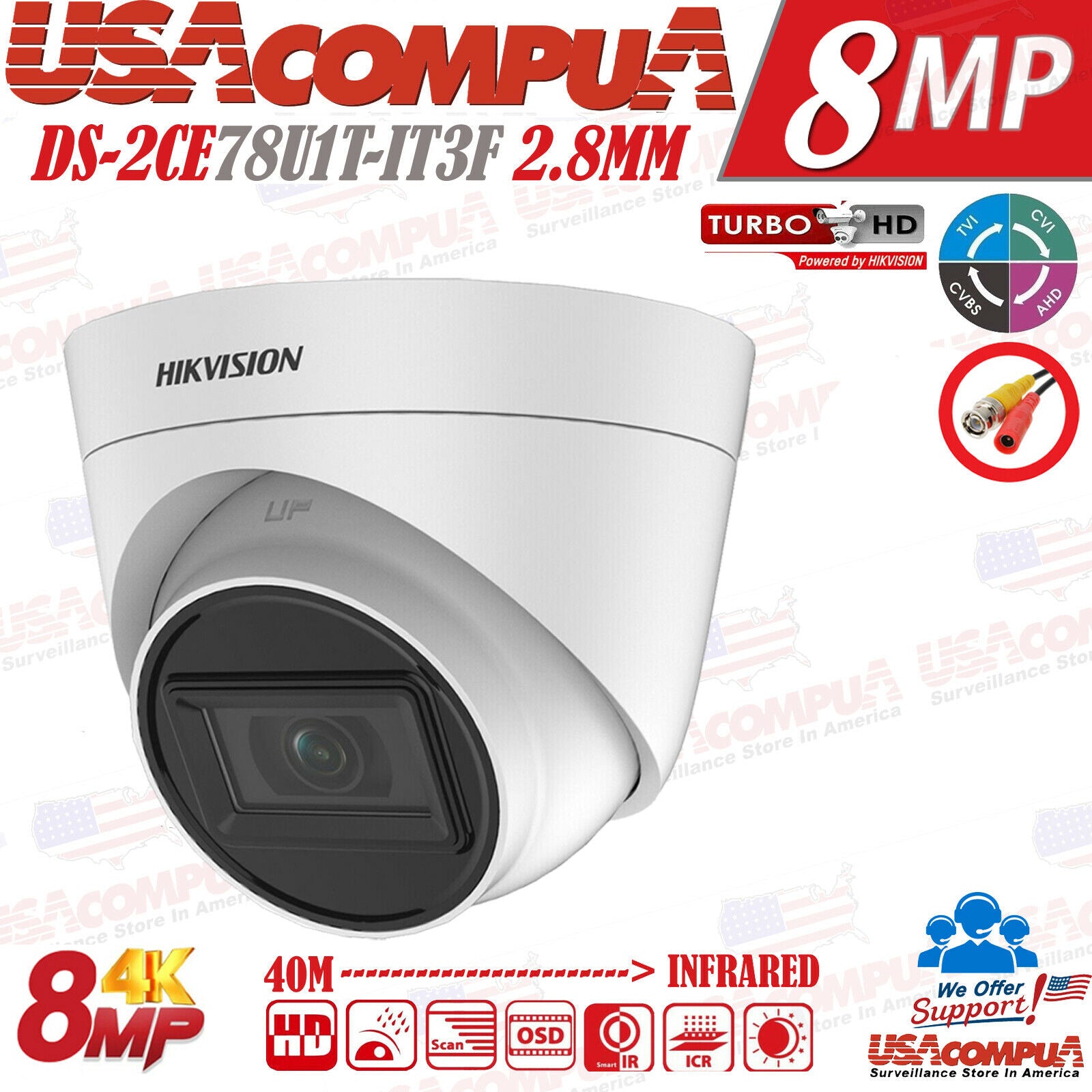 Thumbnail 2 for DS-2CE78U1T-IT3F Hikvision 8MP 4K Turret Camera TurboHD Analog Outdoor IR 2.8mm
