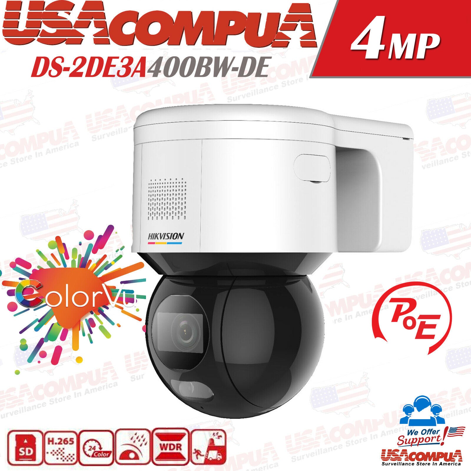 Thumbnail 2 for DS-2DE3A400BW-DE Hikvision Mini PT 4MP ColorVu 4x Zoom IP Camera Mic Speaker