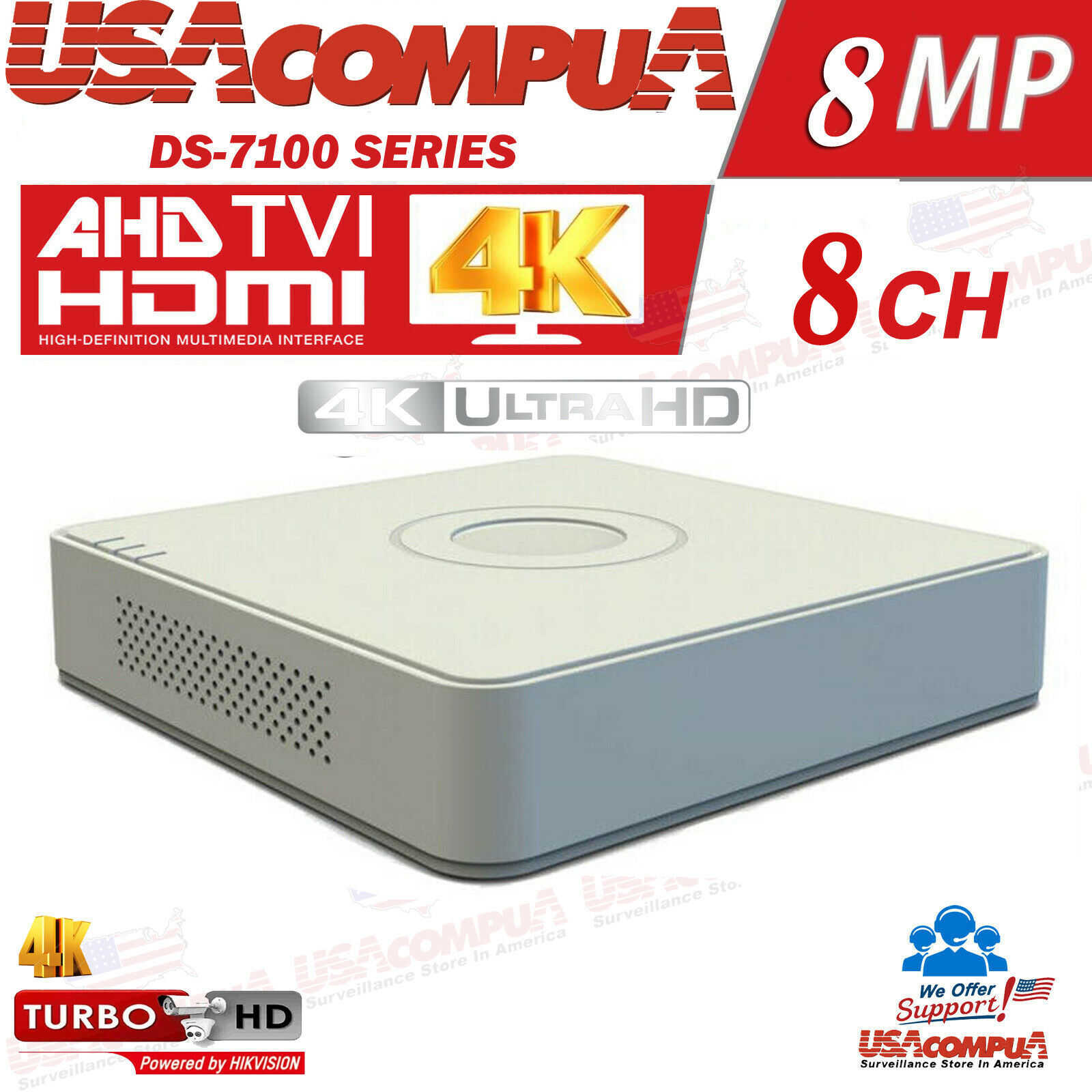 DS-7108HUHI-K1 Hikvision 4K 8CH 8 Megapixel Channel DVR AHD-tvi Optional HDD