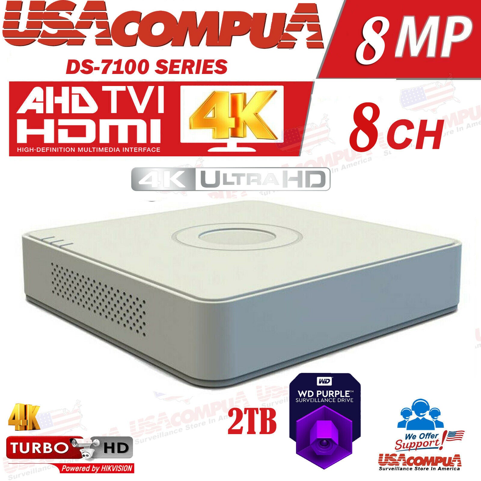 Thumbnail 6 for DS-7108HUHI-K1 Hikvision 4K 8CH 8 Megapixel Channel DVR AHD-tvi Optional HDD