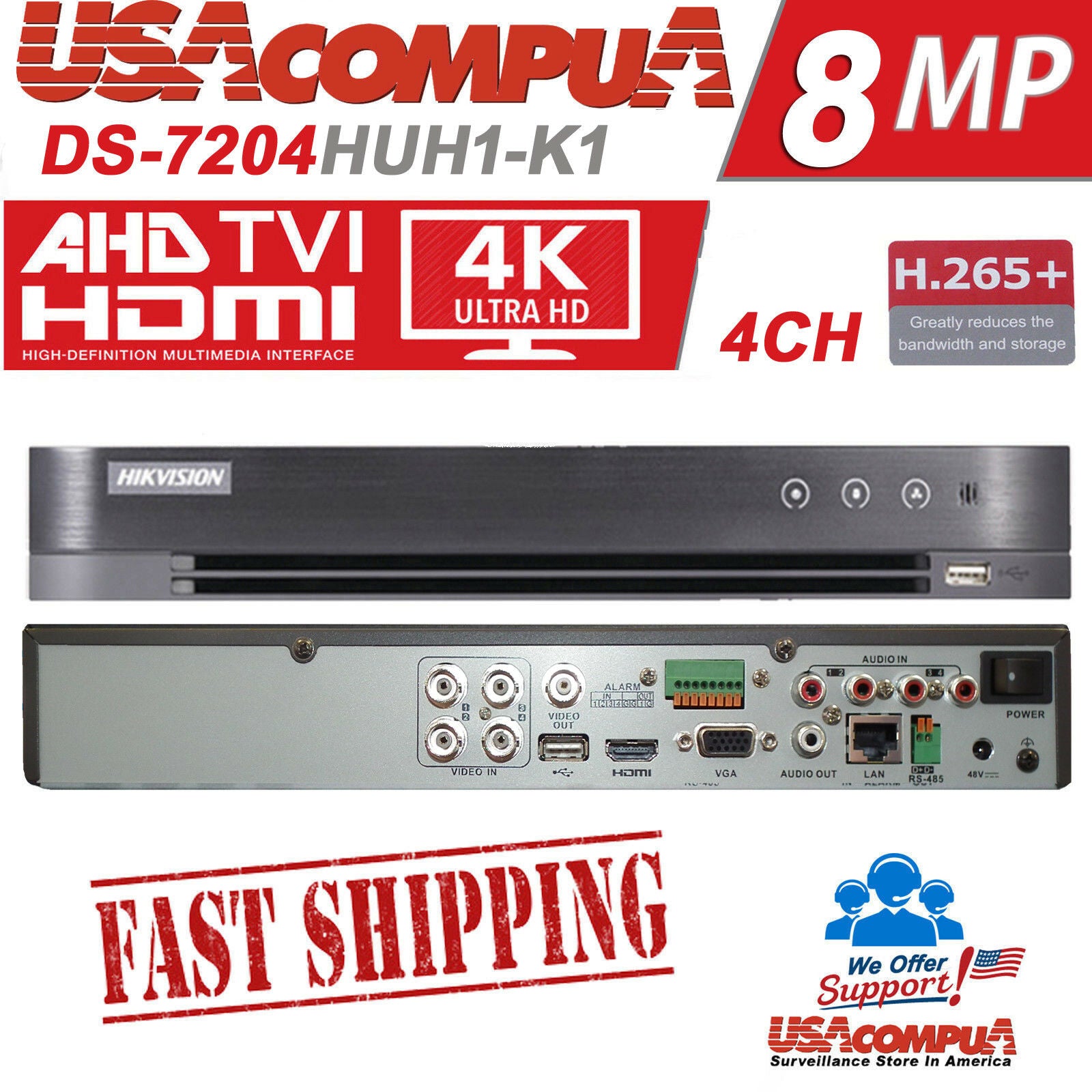 Thumbnail 2 for DS-7204HUHI-K1 Hikvision 4CHANNEL DVR 4CH 4K H.265+264 Hybrid 5MP