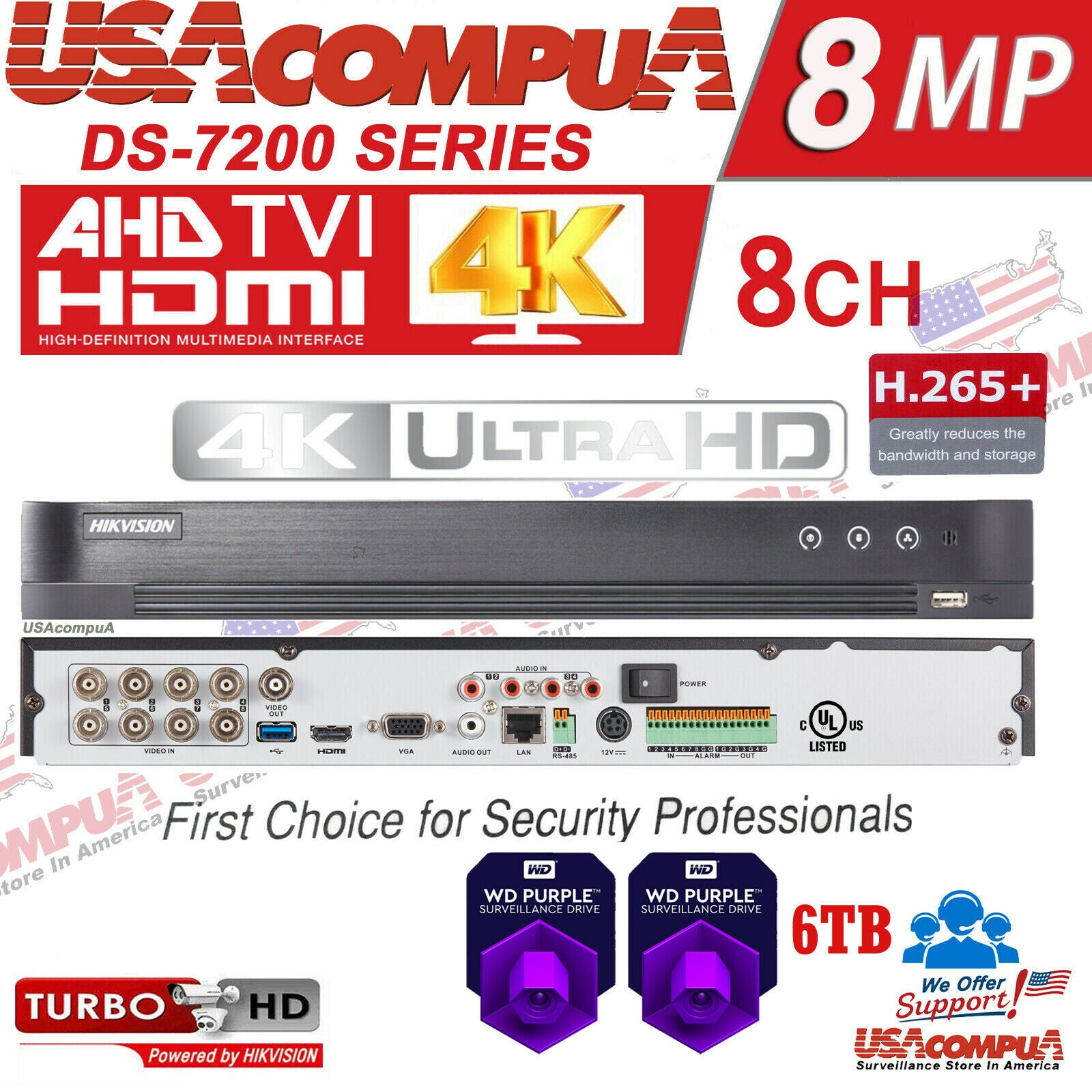 Thumbnail 2 for DS-7208HUHI-K2 Hikvision 8 Channel 8CH DVR 8MP HDD WD Purple 4kh.265 Megapixel