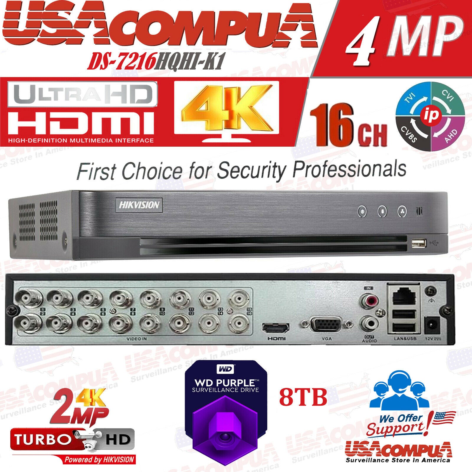 Thumbnail 2 for DS-7216HQHI-K1 Hikvision 16 Channel DVR + 4 CH 4MP IP Camera No Hard Drive