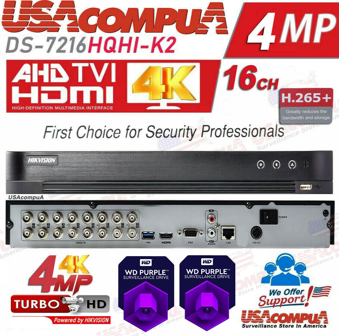 Thumbnail 2 for DS-7216HQHI-K2 Hikvision 16CH DVR 16 Channel + 4 IP 4MP 4k-out HDD Optional