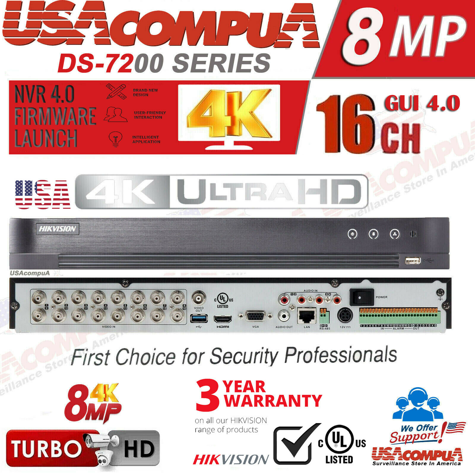 Thumbnail 2 for DS-7216HUHI-K2 (ul) Hikvision 4K 8 MP Usa Version 16CH H.265+hd-tvi+16ch-ip