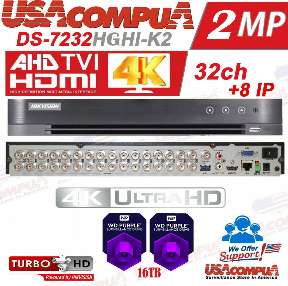 Thumbnail 2 for Hikvision 32 CH DVR DS-7232HGHI-K2 7200 Series TurboHD Tribrid (OPTIONAL HDD)