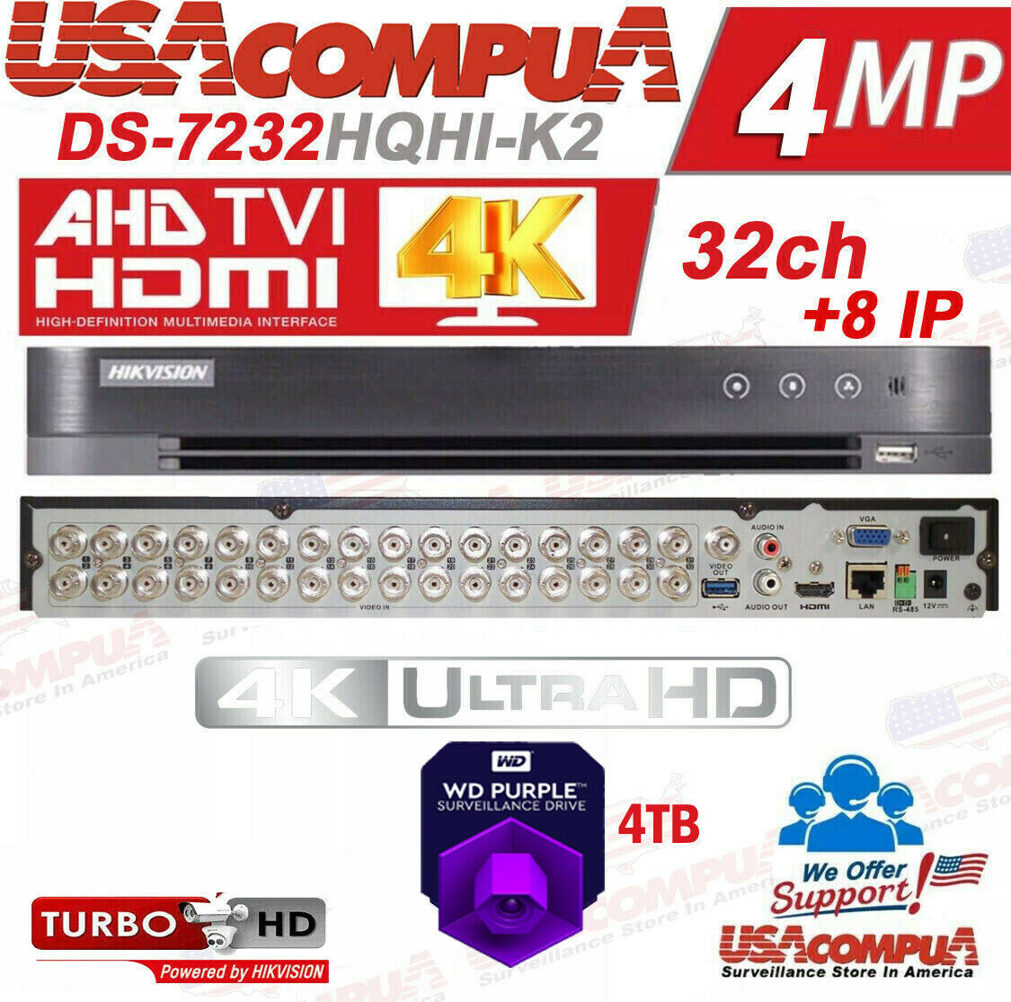 Thumbnail 5 for Hikvision 32 CH DVR DS-7232HQHI-K2 4MP Series TurboHD Tribrid (OPTIONAL HDD)